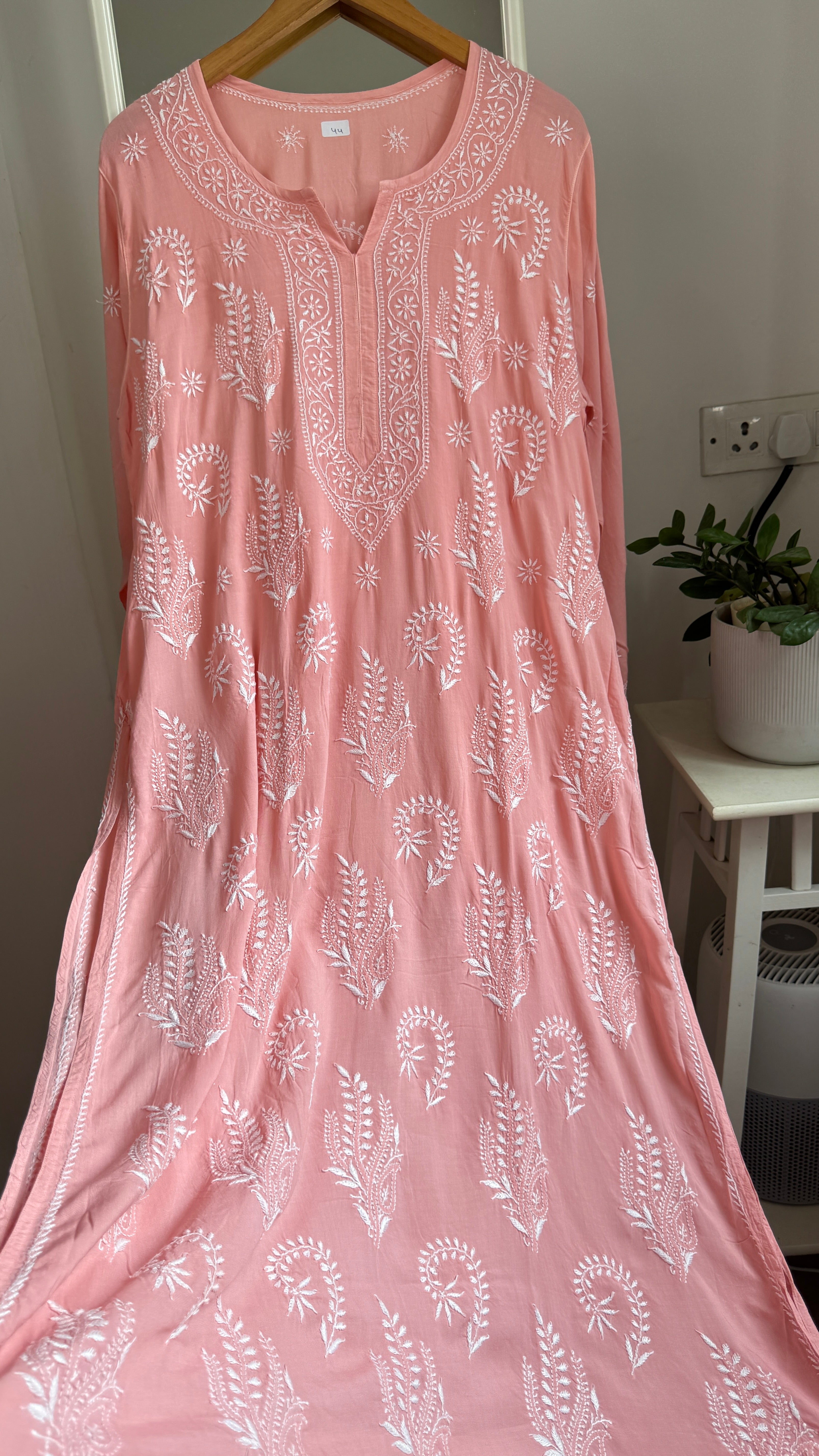 Premium Modal Chikankari Cotton Kurti - Carrot Pink - Noor Collection