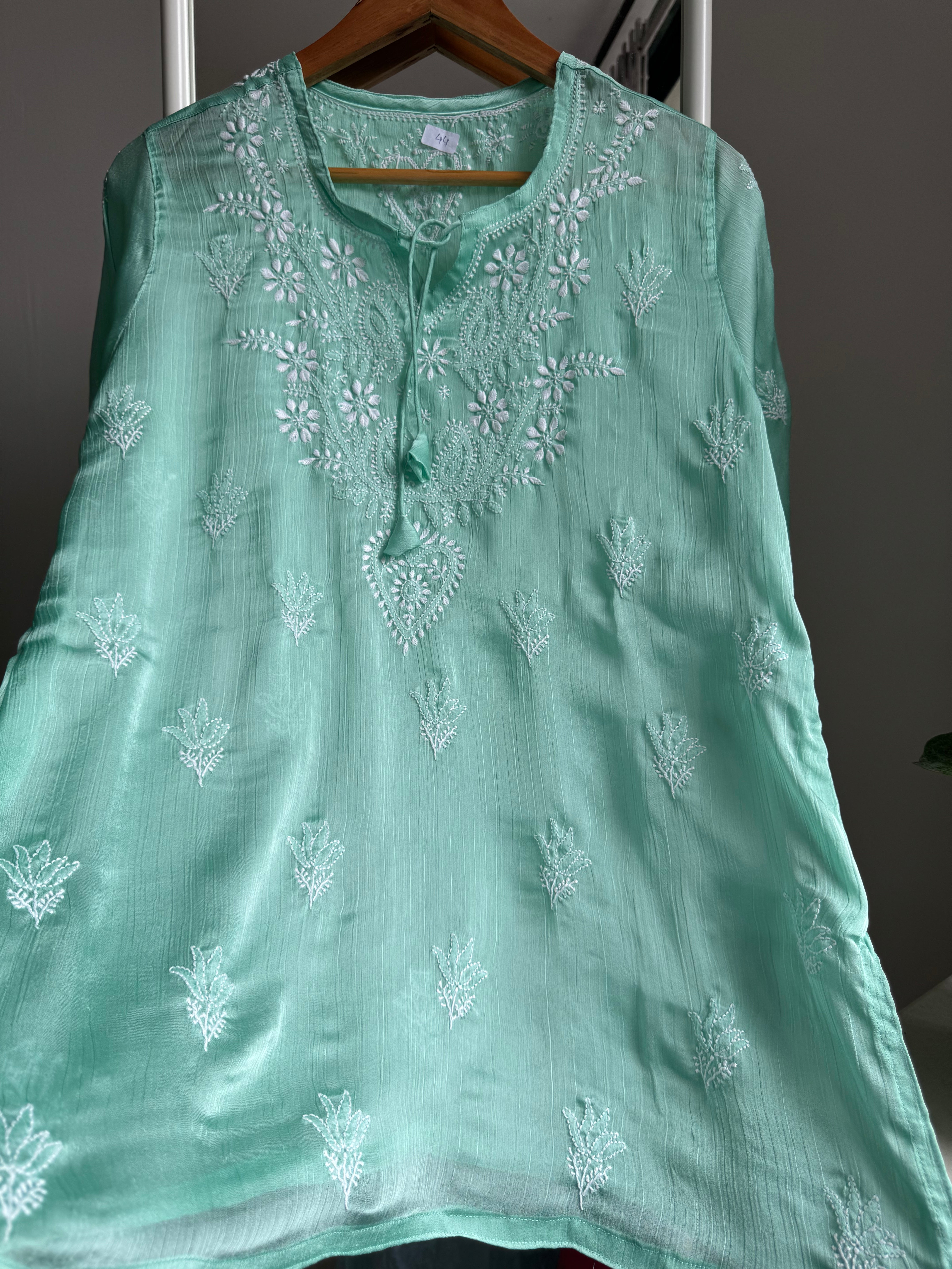 Chikankari Long sleeves short Top in chinon - Green ARIAA CHIKANKARI 