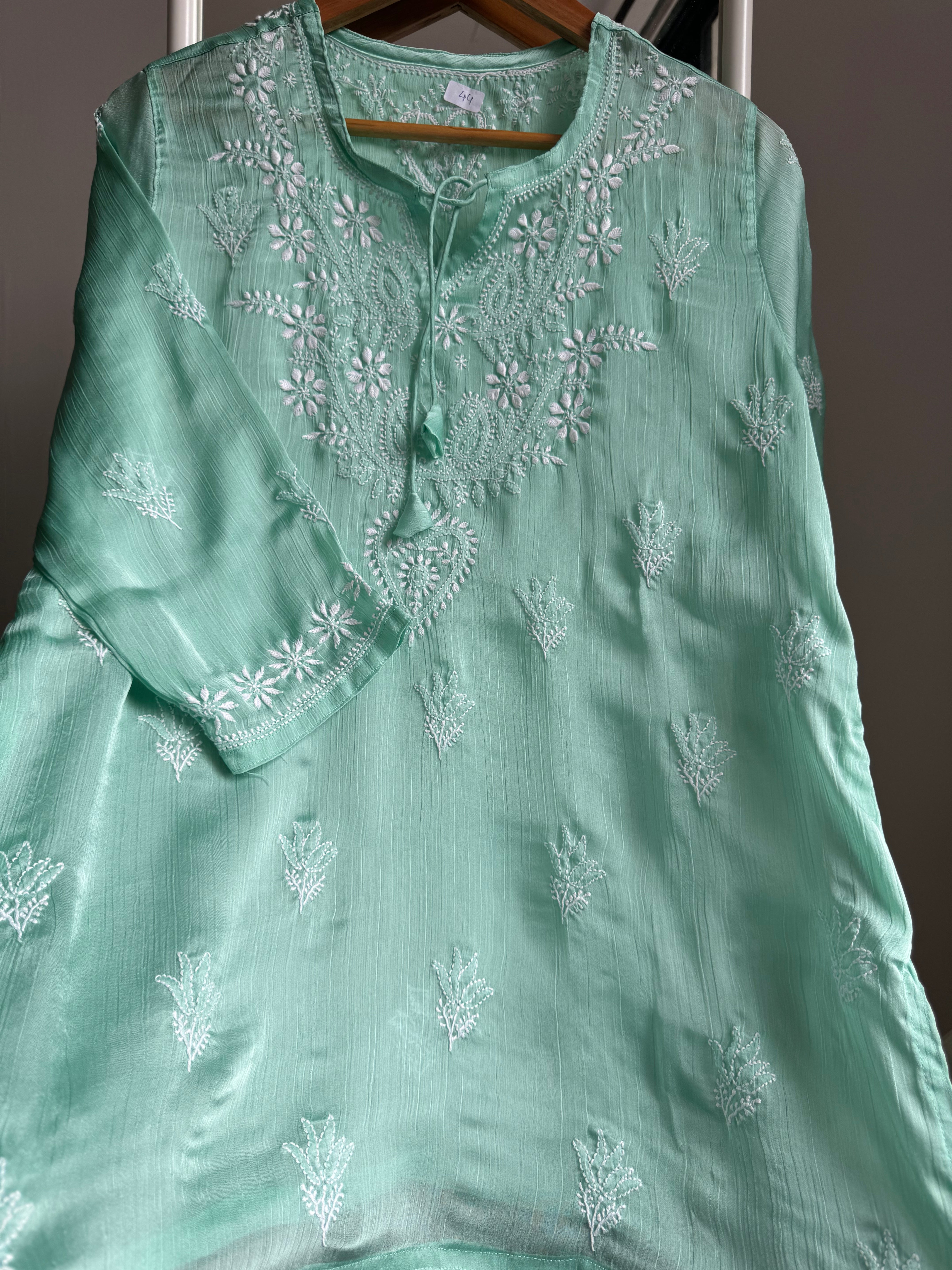 Chikankari Long sleeves short Top in chinon - Green ARIAA CHIKANKARI 