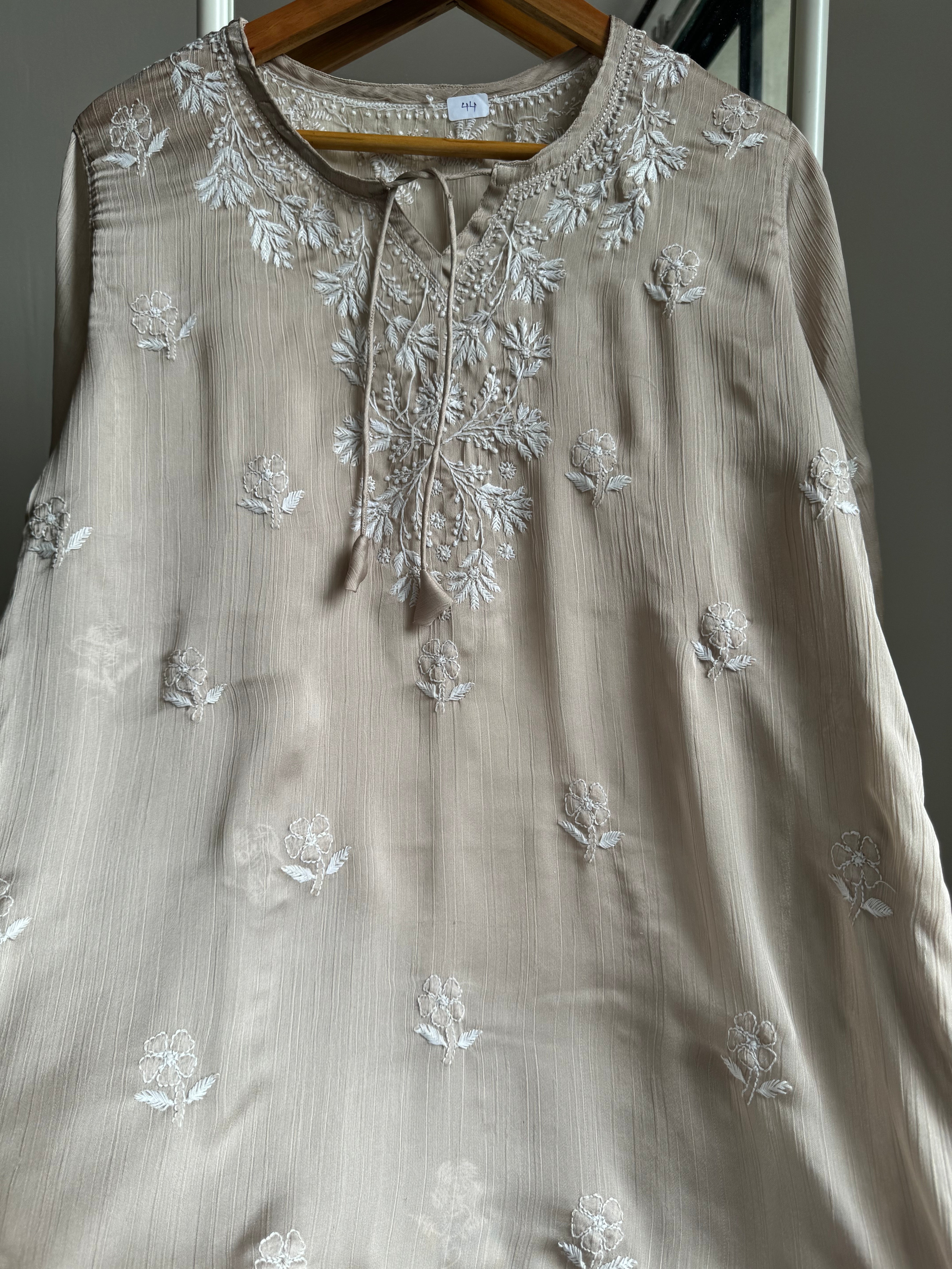 Chikankari Long sleeves short Top in chinon - Beige ARIAA CHIKANKARI 