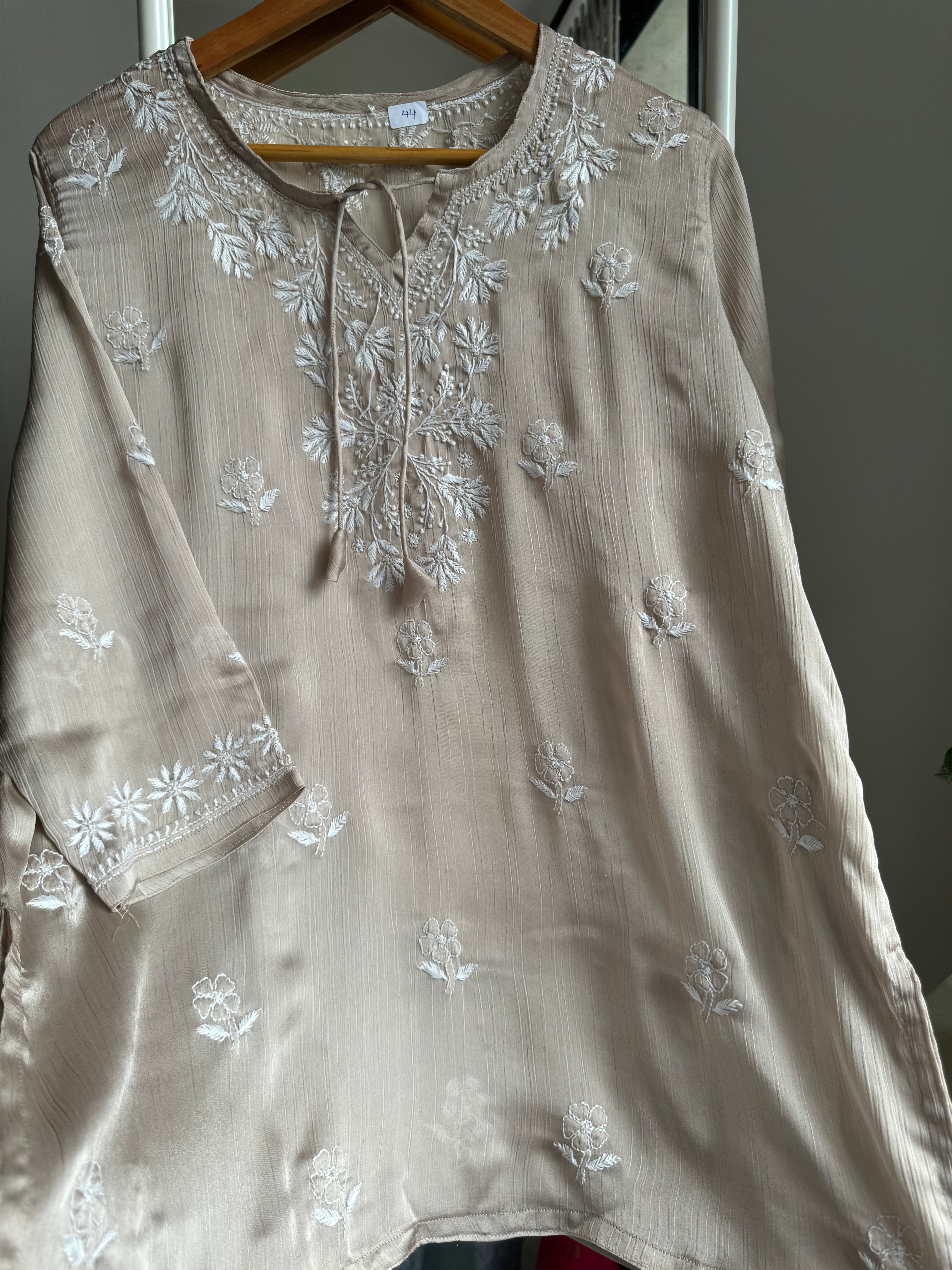 Chikankari Long sleeves short Top in chinon - Beige ARIAA CHIKANKARI 
