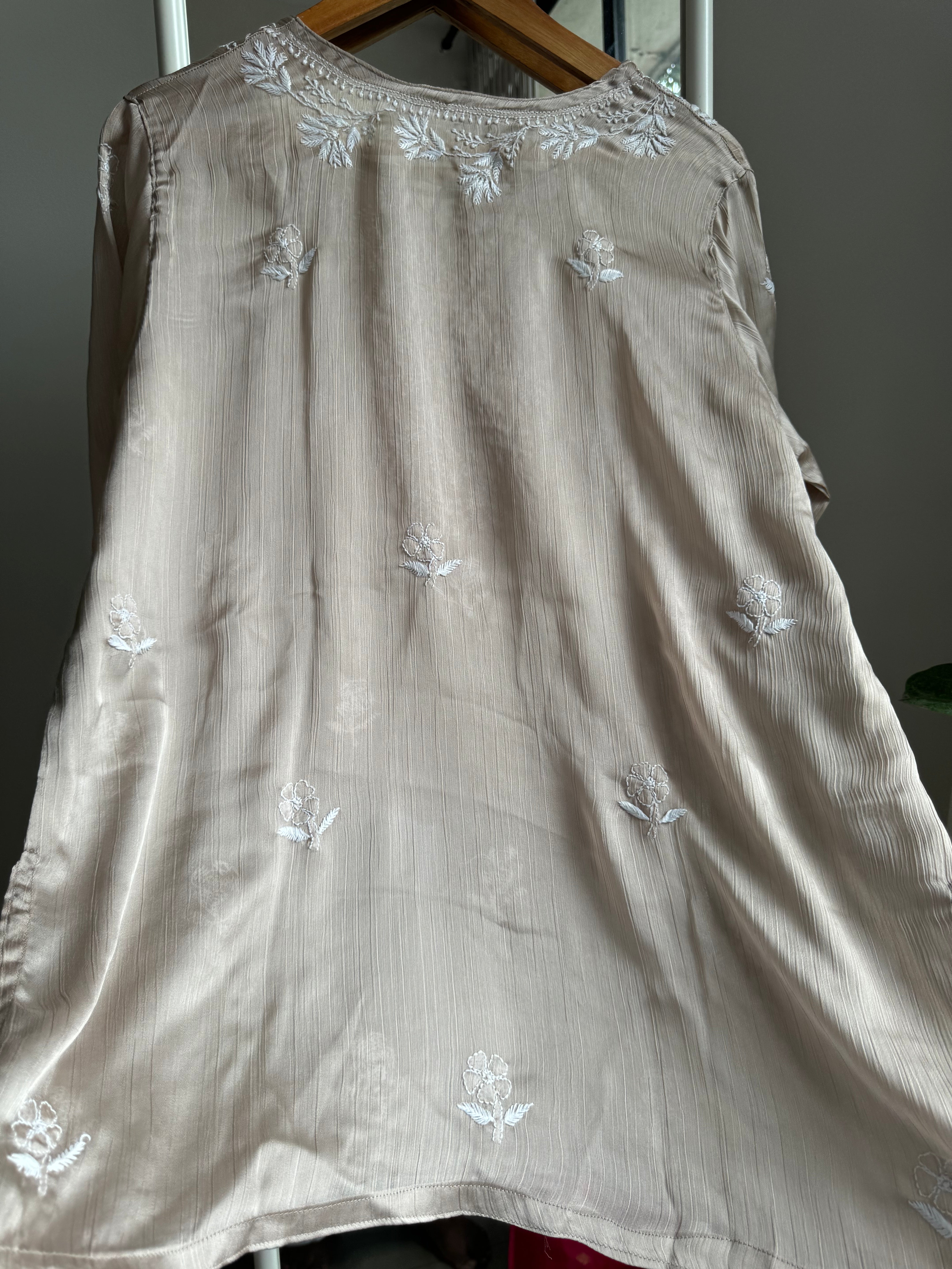 Chikankari Long sleeves short Top in chinon - Beige ARIAA CHIKANKARI 