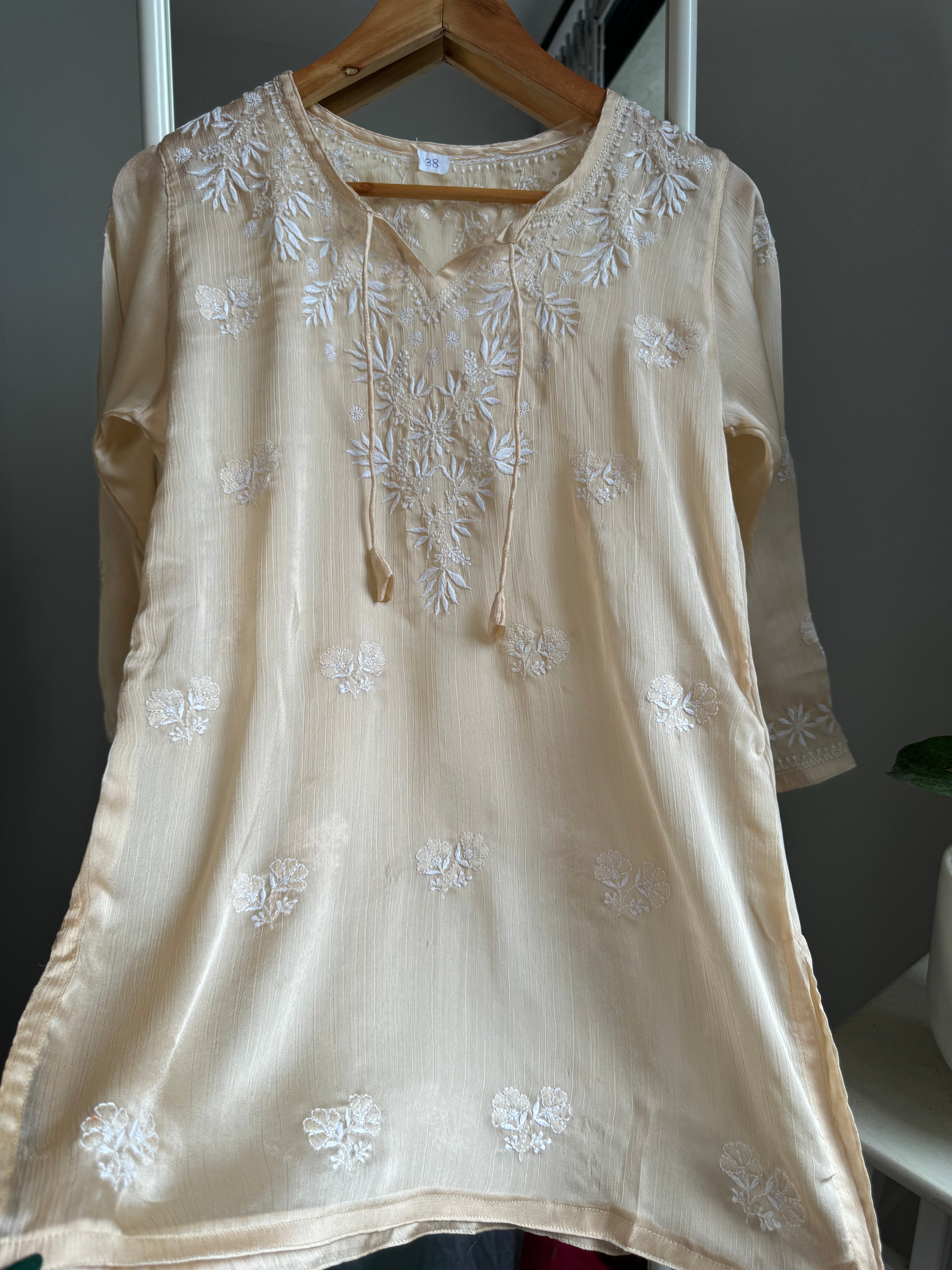 Chikankari Long sleeves short Top in chinon - Ivory ARIAA CHIKANKARI 
