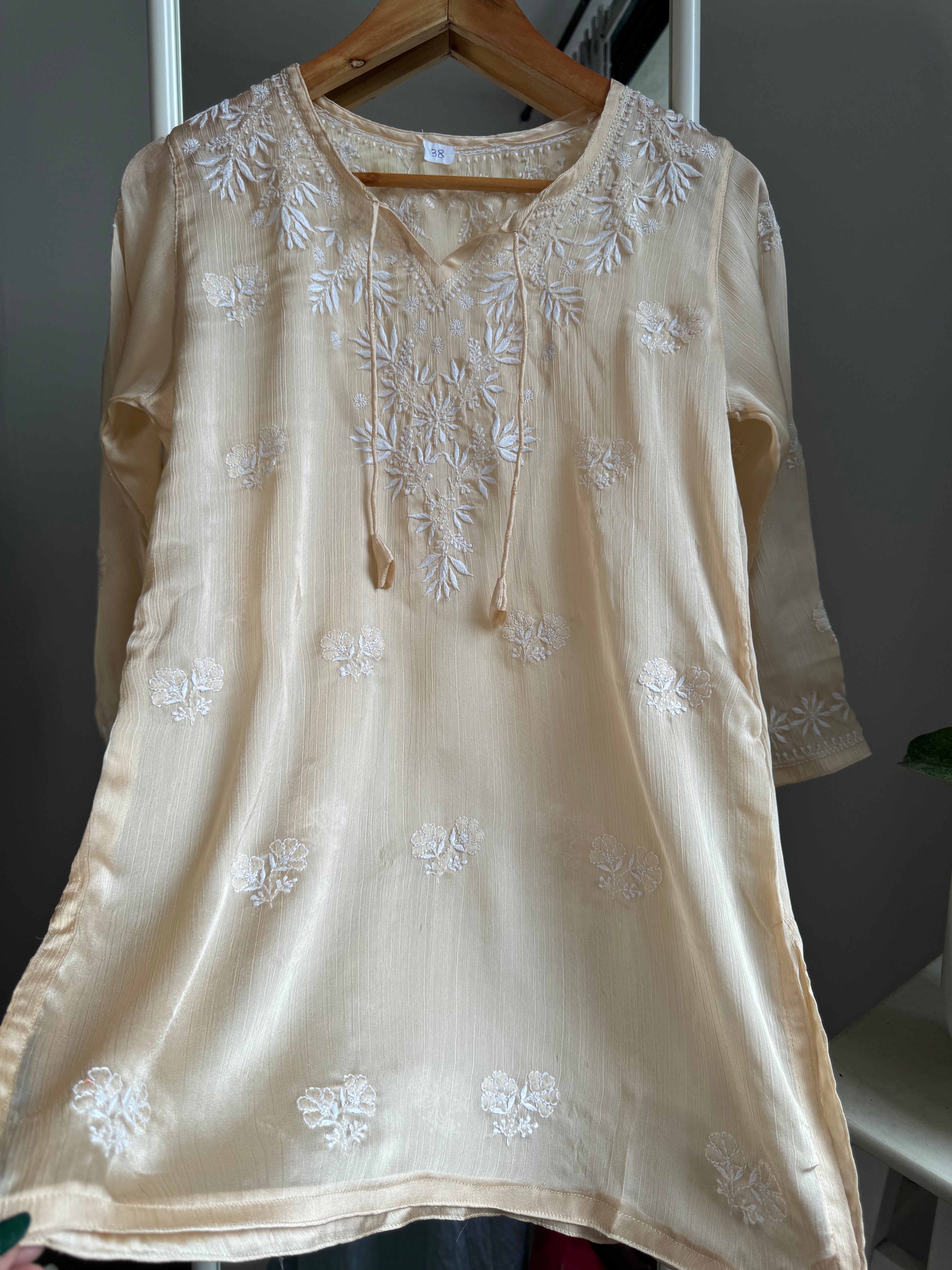 Chikankari Long sleeves short Top in chinon - Ivory ARIAA CHIKANKARI 