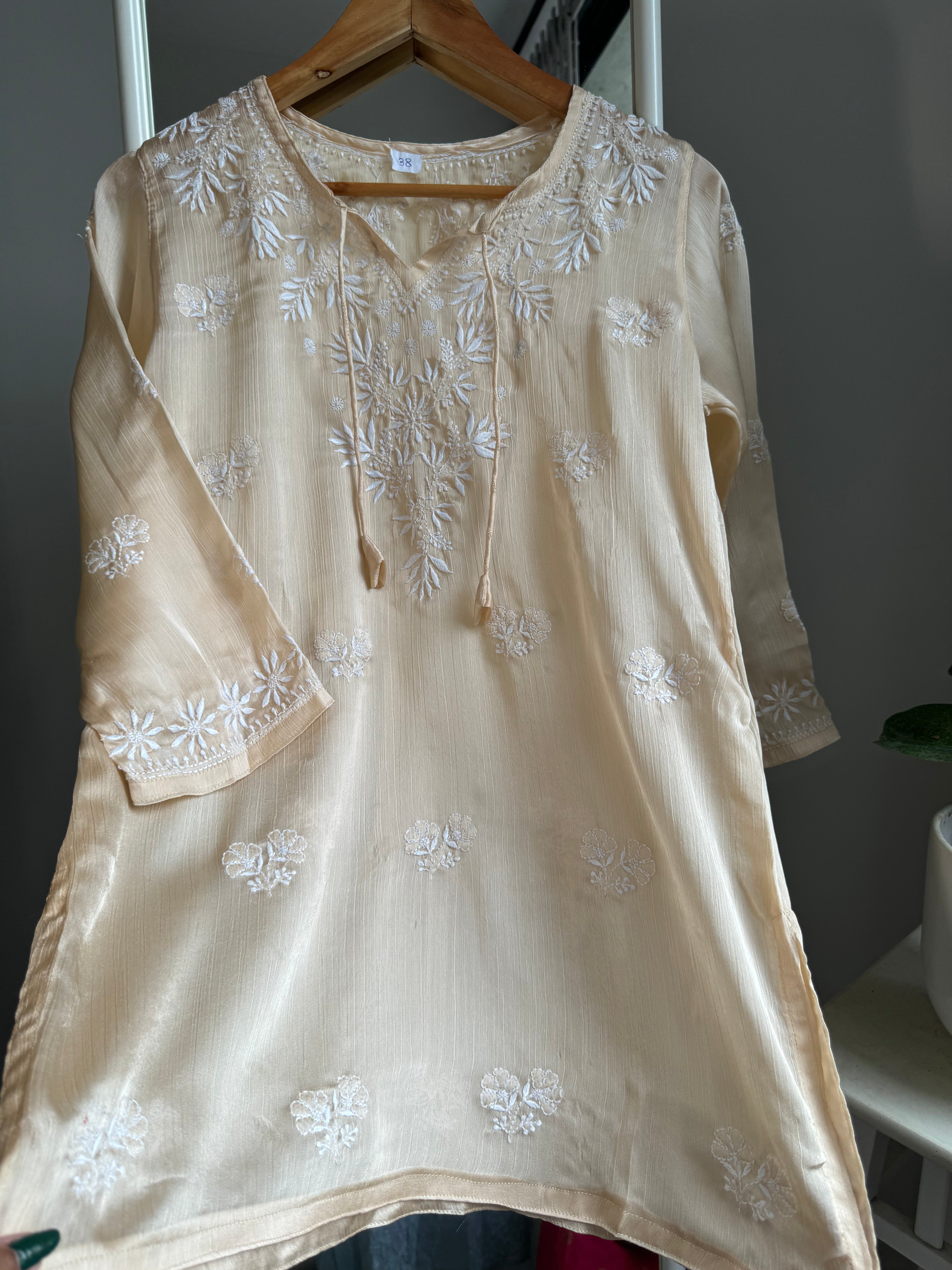 Chikankari Long sleeves short Top in chinon - Ivory ARIAA CHIKANKARI 