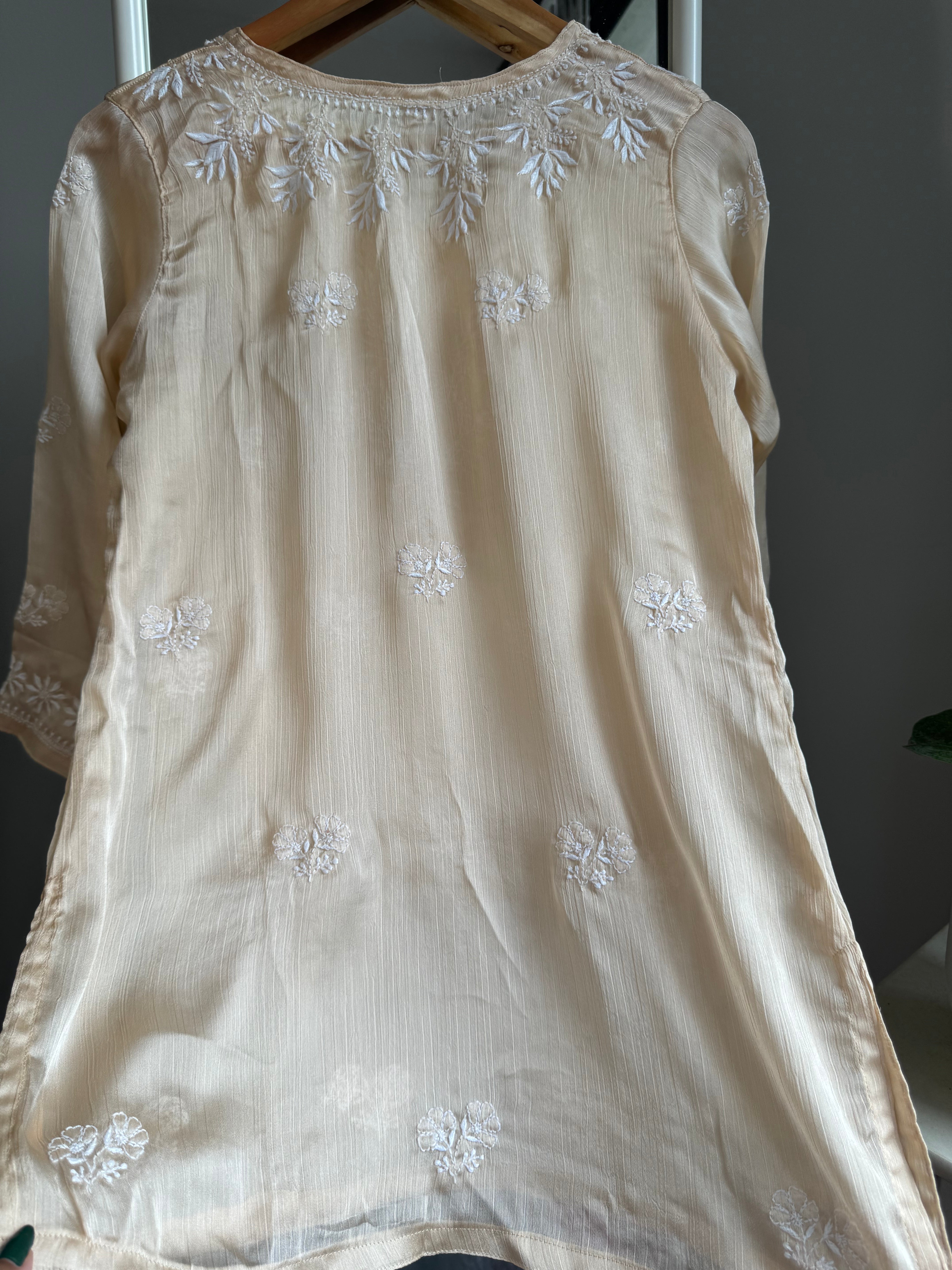 Chikankari Long sleeves short Top in chinon - Ivory ARIAA CHIKANKARI 