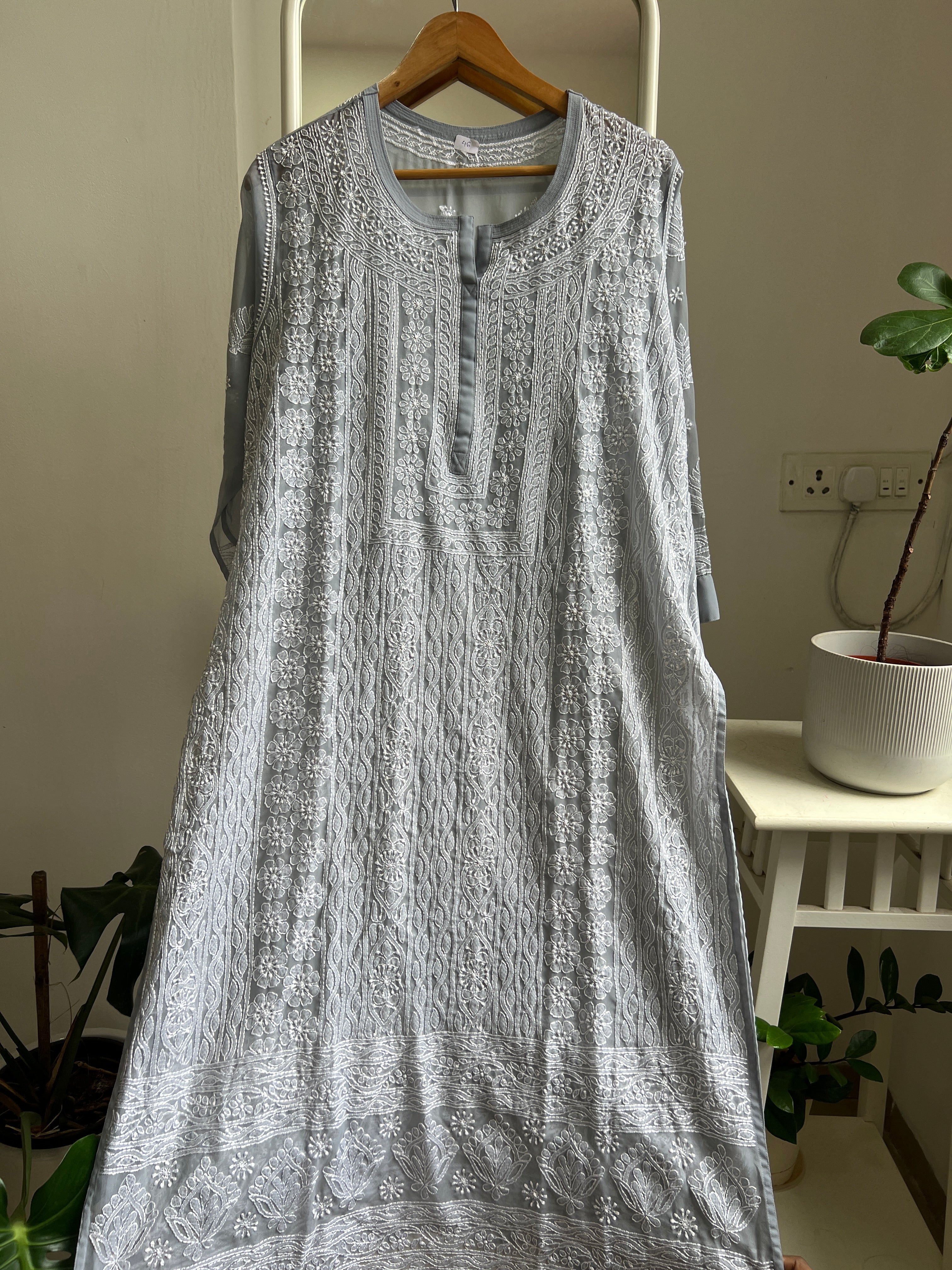 Chikankari Resham Jaal Kurti - Grey ARIAA CHIKANKARI 