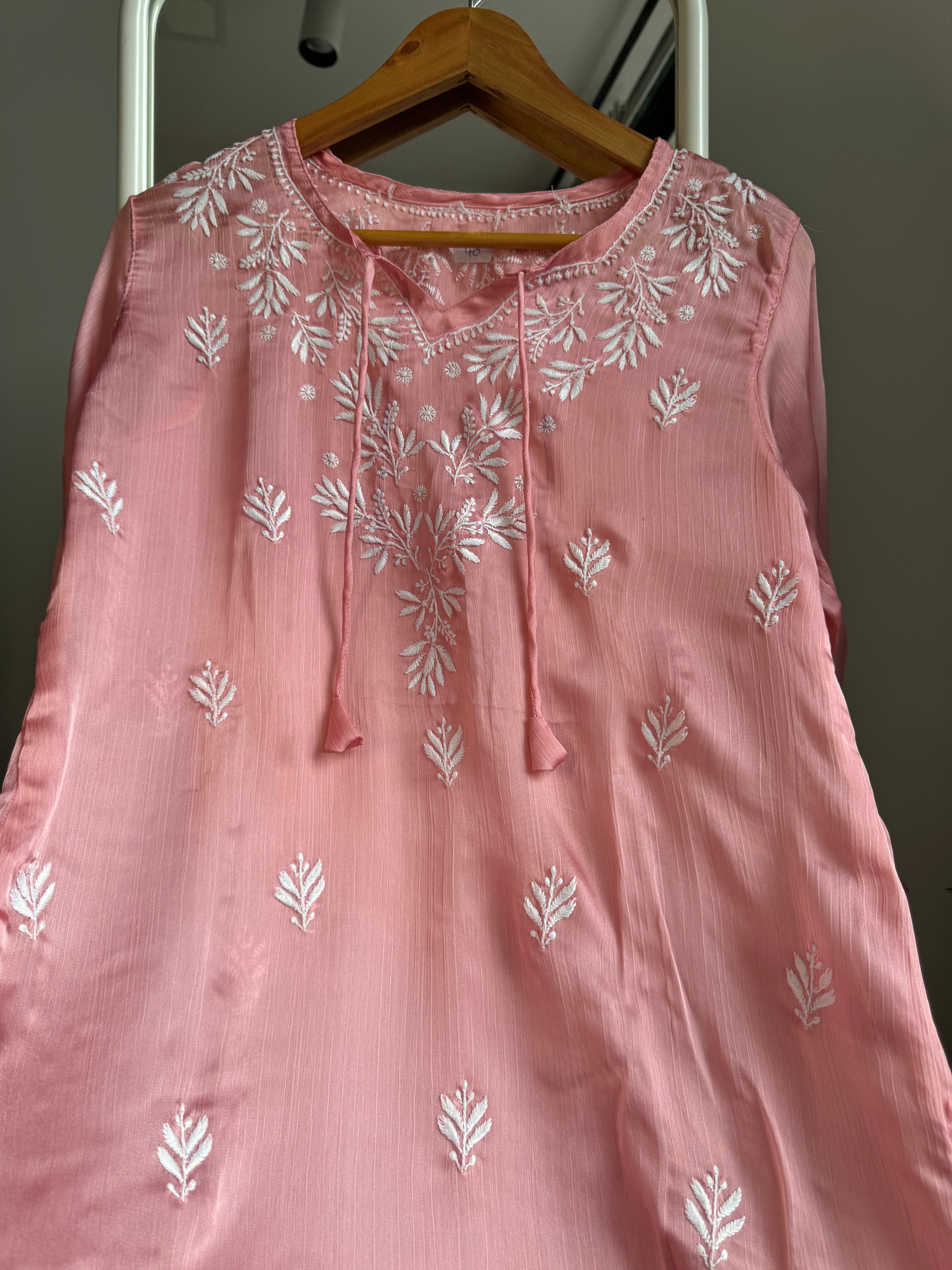 Chikankari Long sleeves short Top in chinon - Pink ARIAA CHIKANKARI 