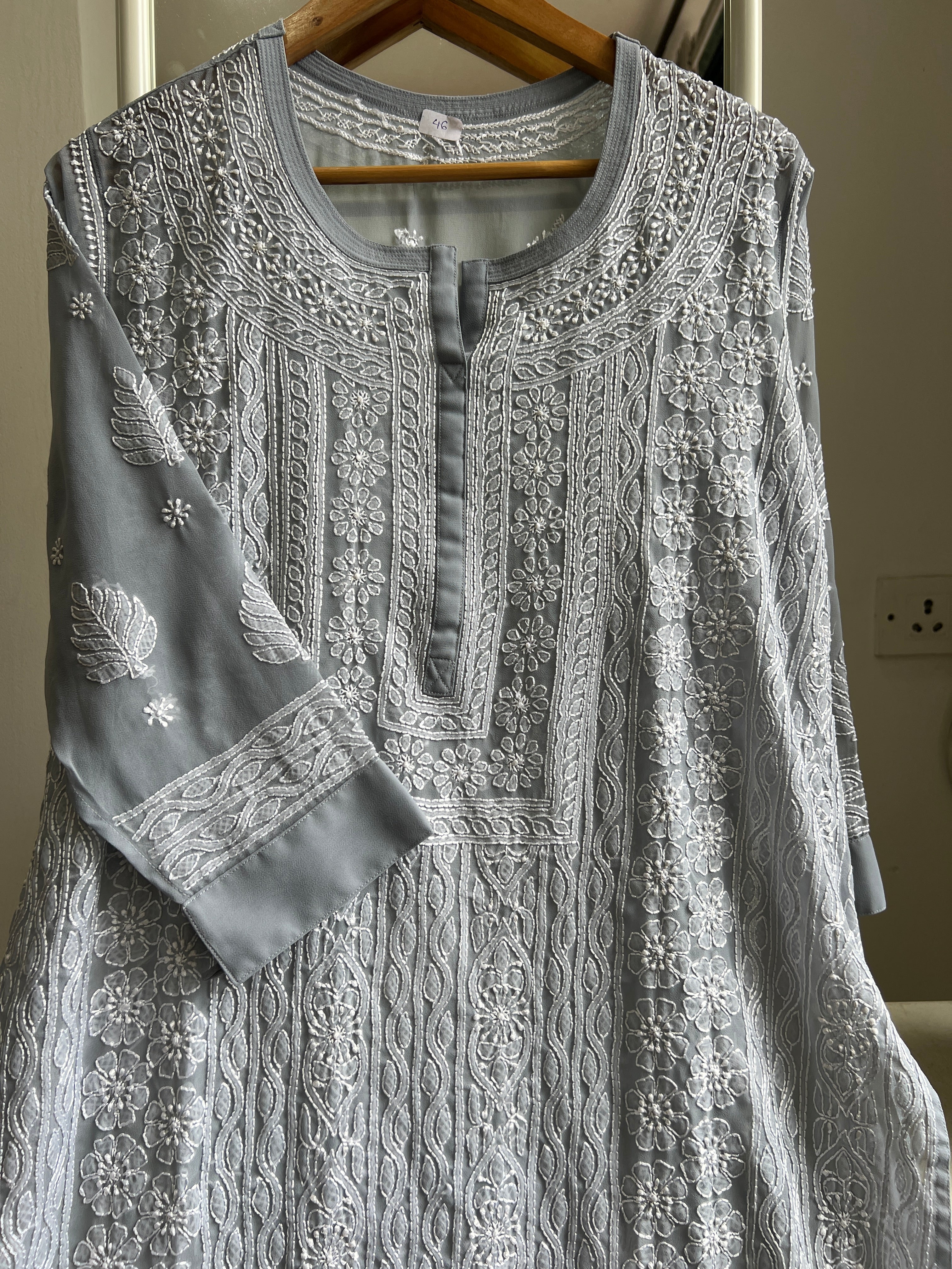 Chikankari Resham Jaal Kurti - Grey ARIAA CHIKANKARI 
