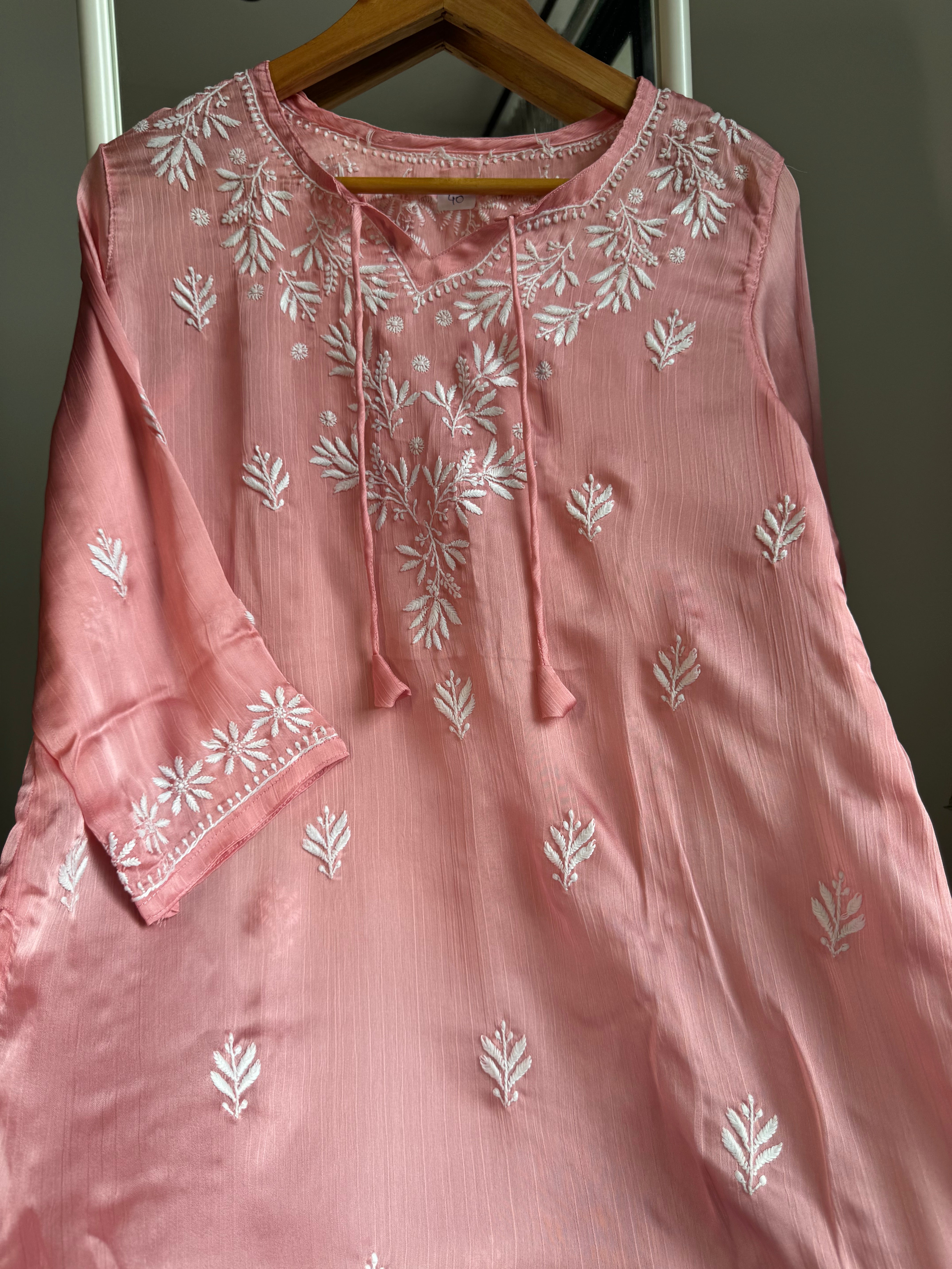 Chikankari Long sleeves short Top in chinon - Pink ARIAA CHIKANKARI 