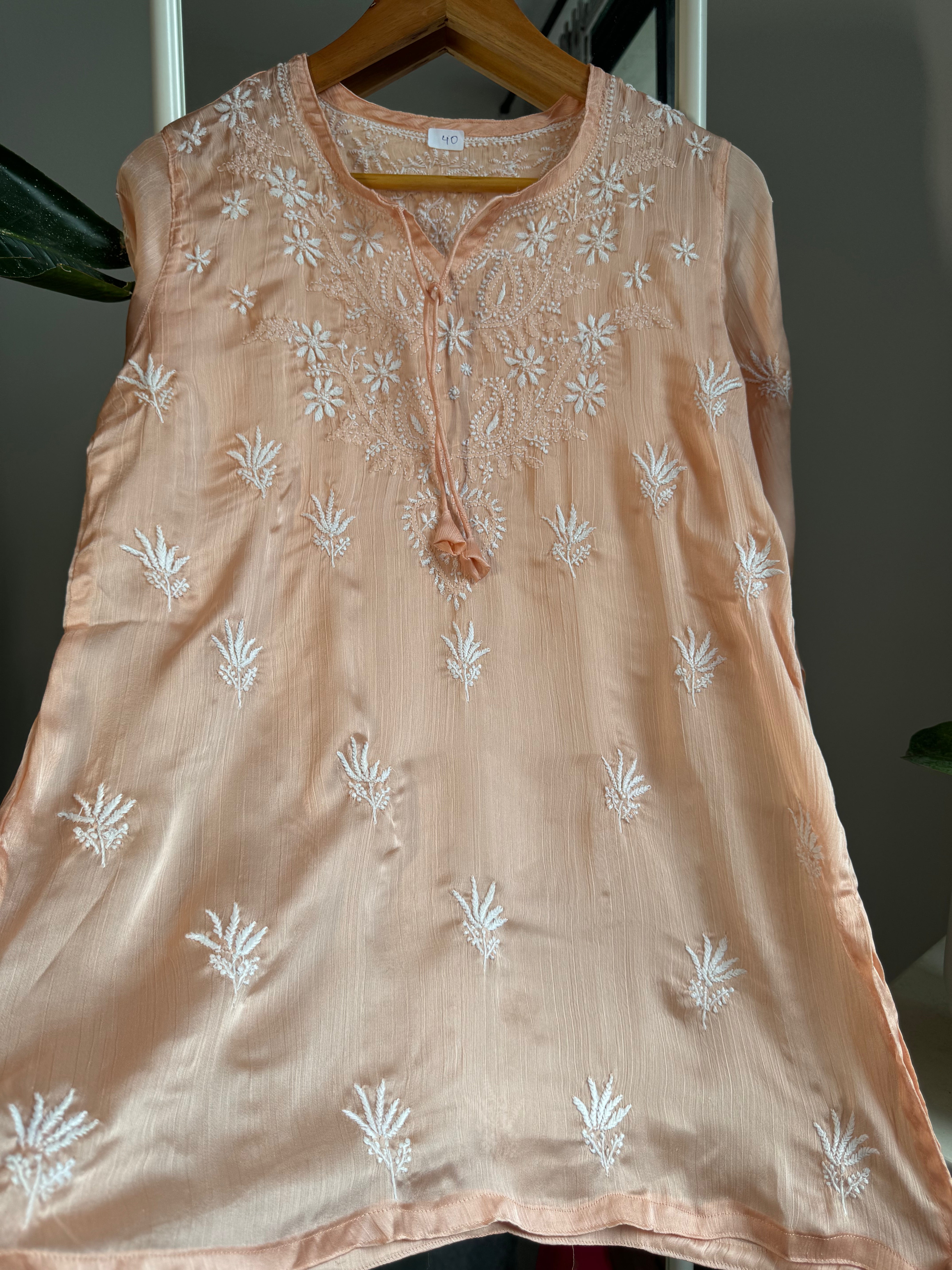Chikankari Long sleeves short Top in chinon - Peach ARIAA CHIKANKARI 