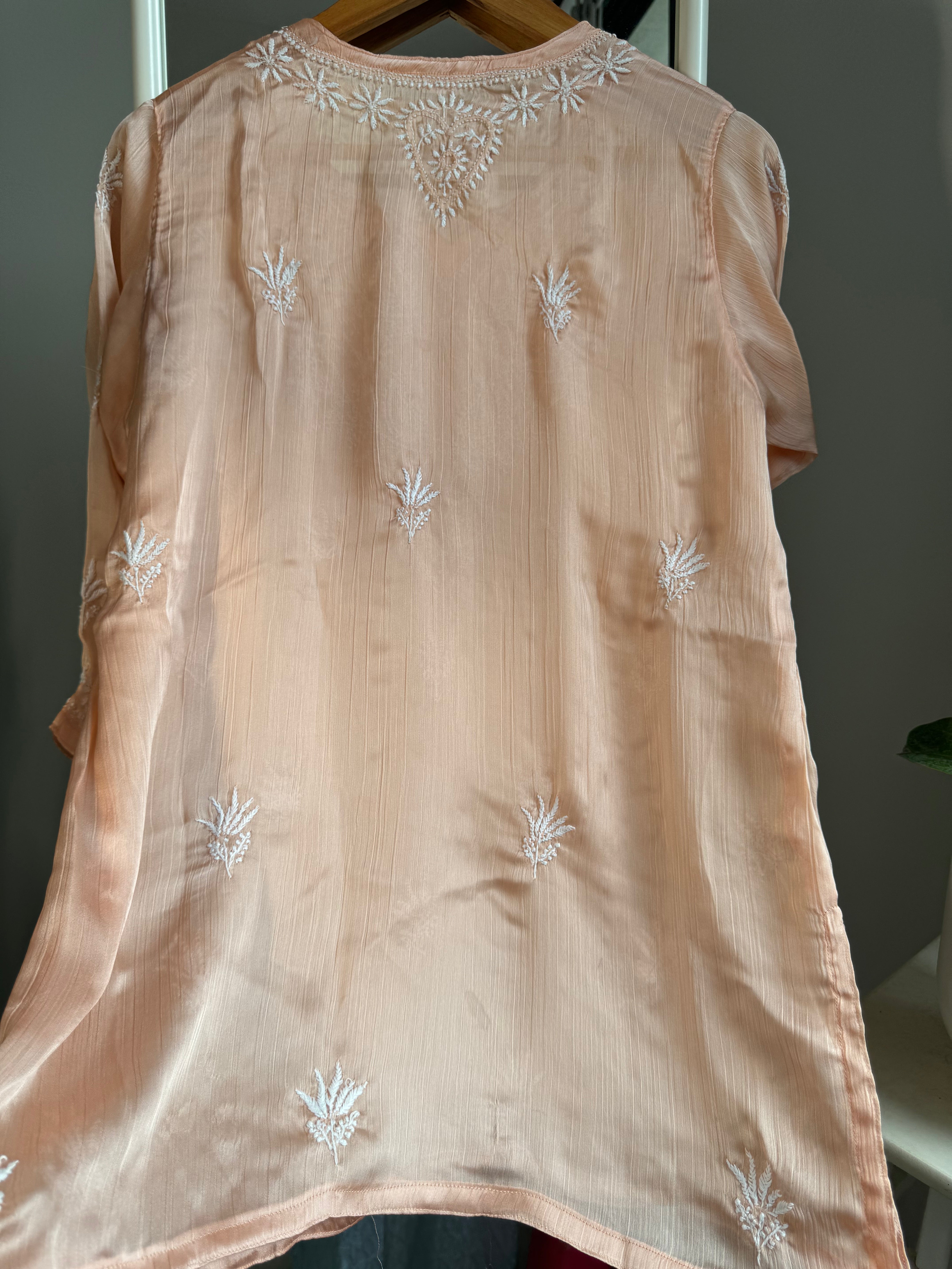 Chikankari Long sleeves short Top in chinon - Peach ARIAA CHIKANKARI 