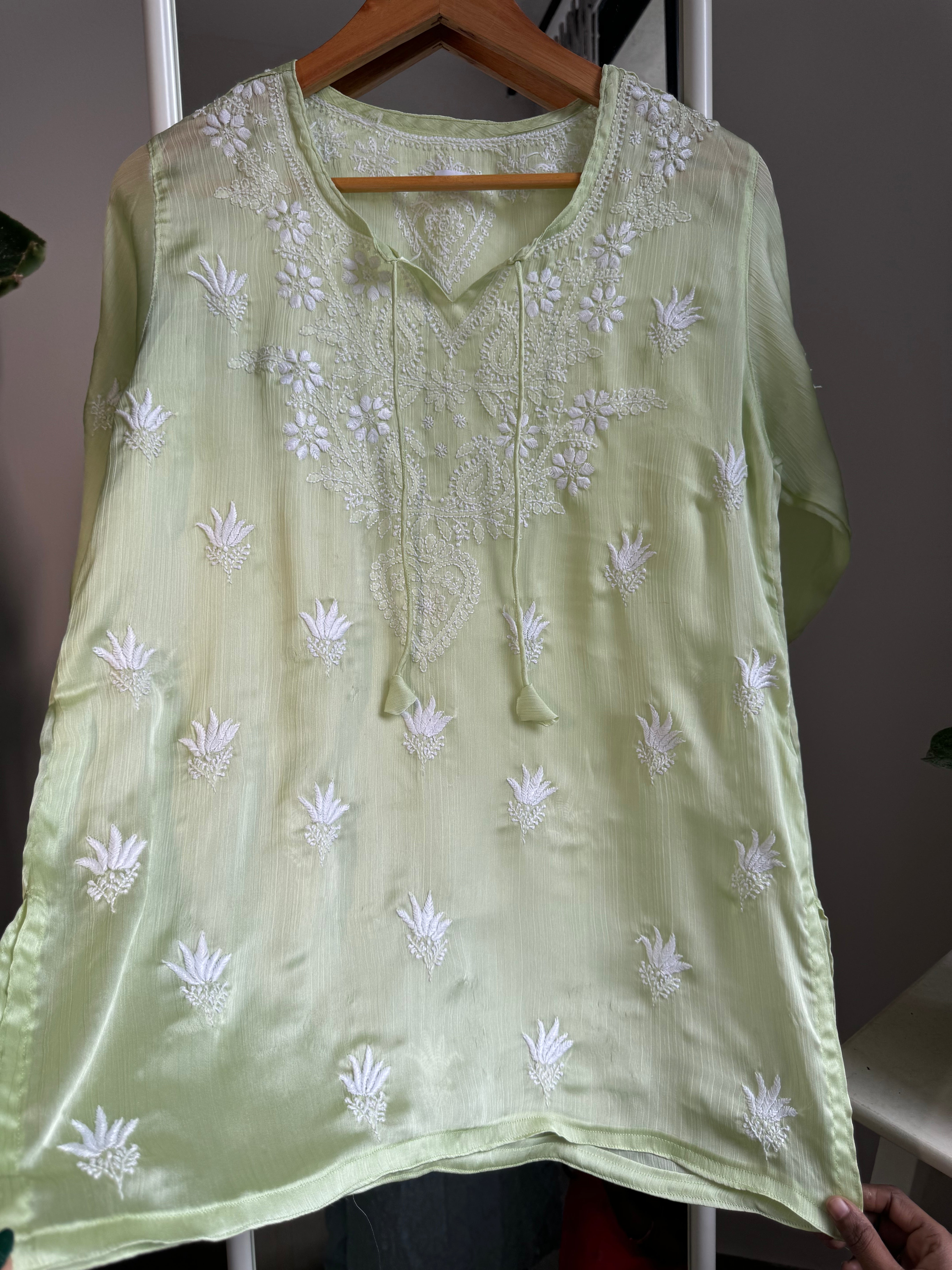 Chikankari Long sleeves short Top in chinon - Pista Green ARIAA CHIKANKARI 