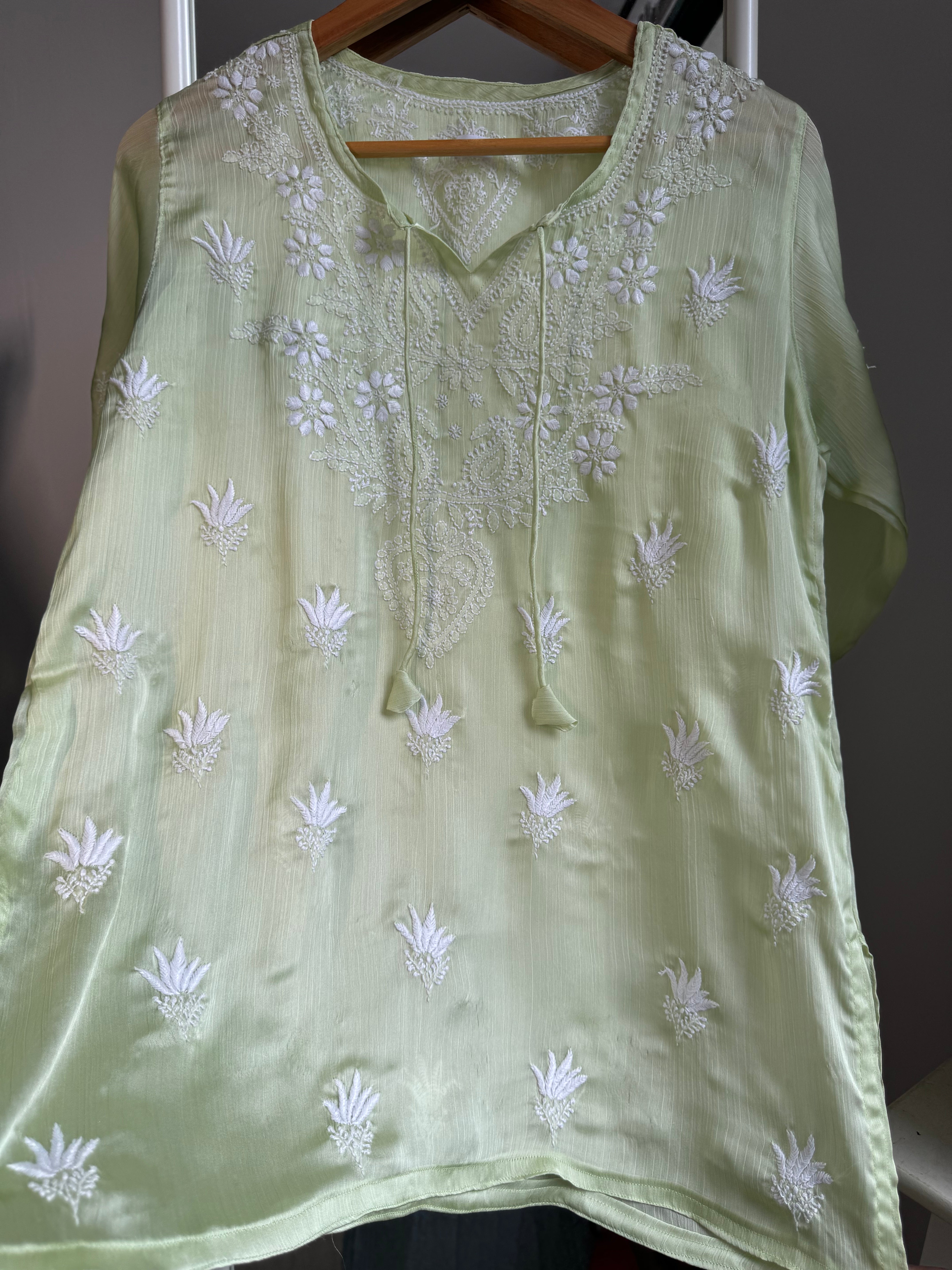 Chikankari Long sleeves short Top in chinon - Pista Green ARIAA CHIKANKARI 