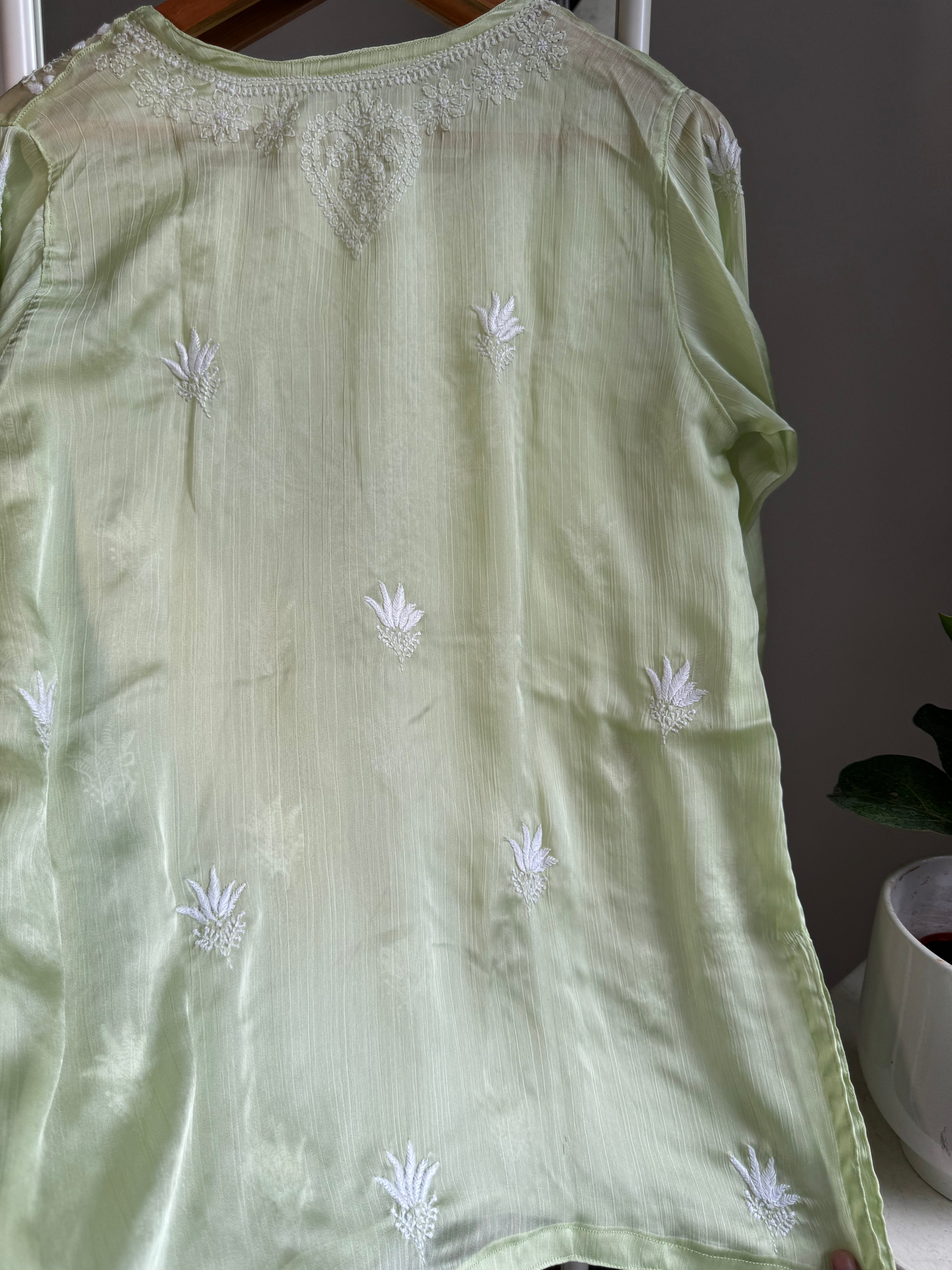 Chikankari Long sleeves short Top in chinon - Pista Green ARIAA CHIKANKARI 