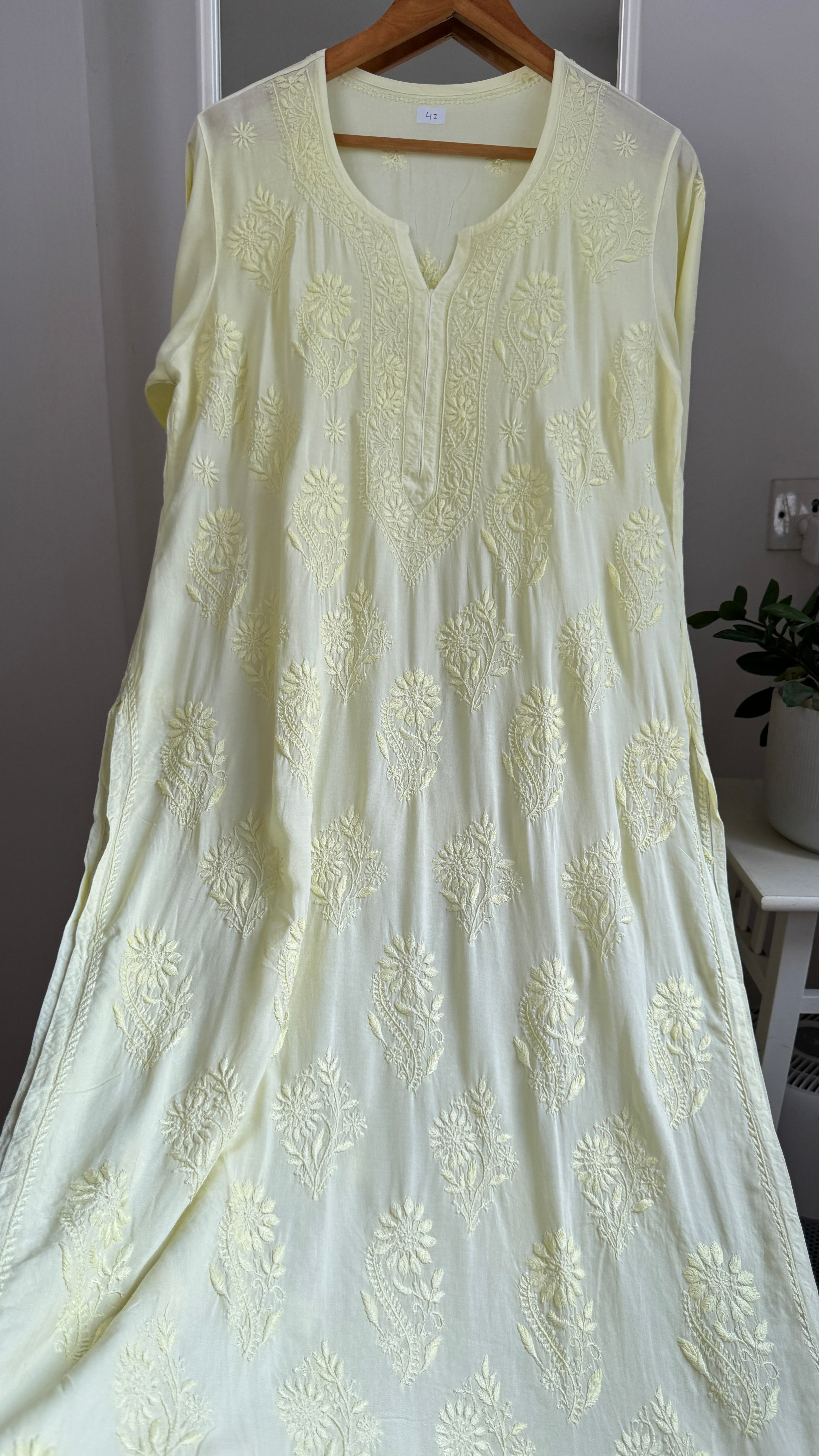 Premium Modal Chikankari Cotton Kurti -Lemon Yellow - Noor Collection