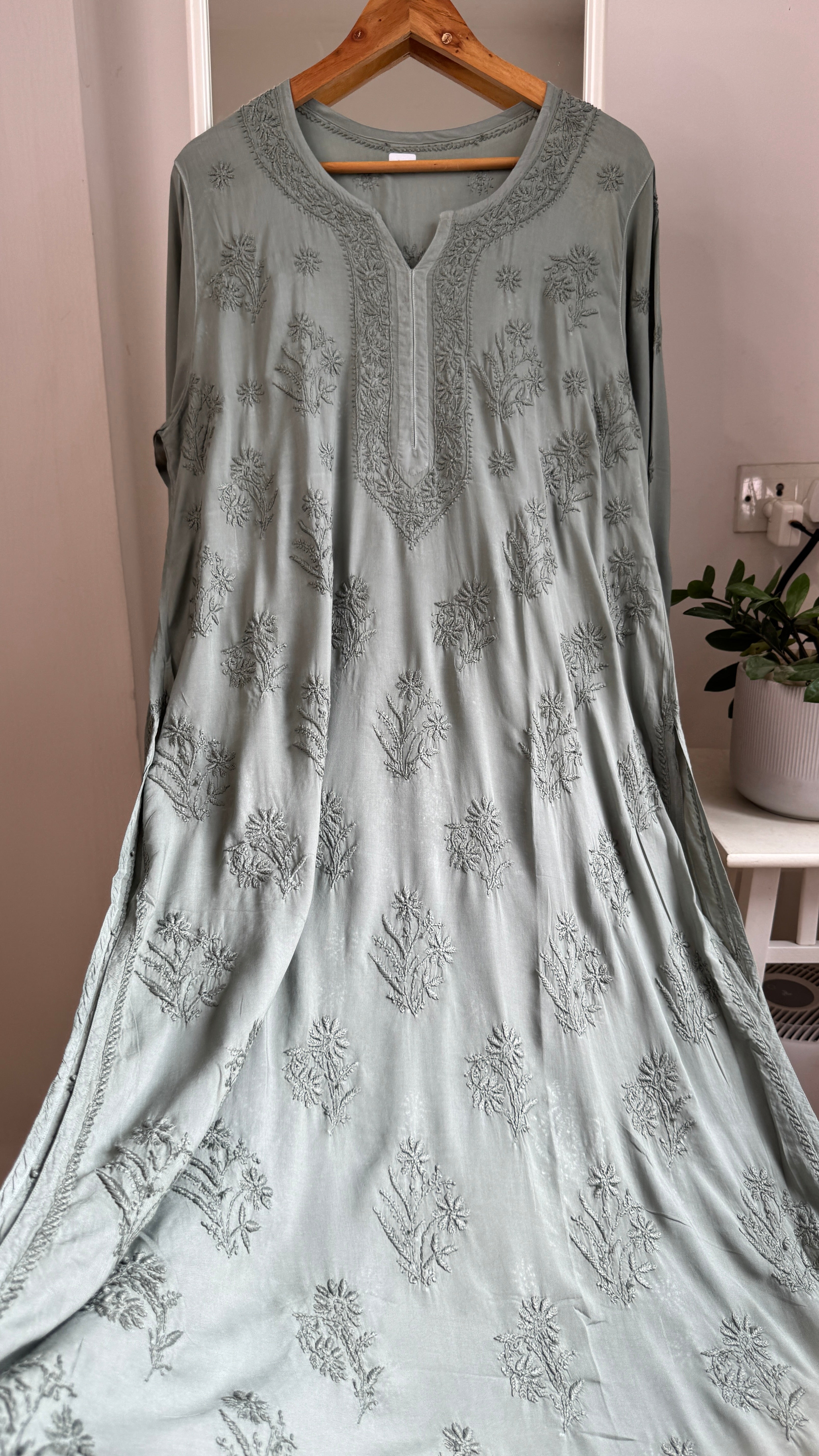 Premium Modal Chikankari Cotton Kurti - Deep Sage Green - Noor Collection