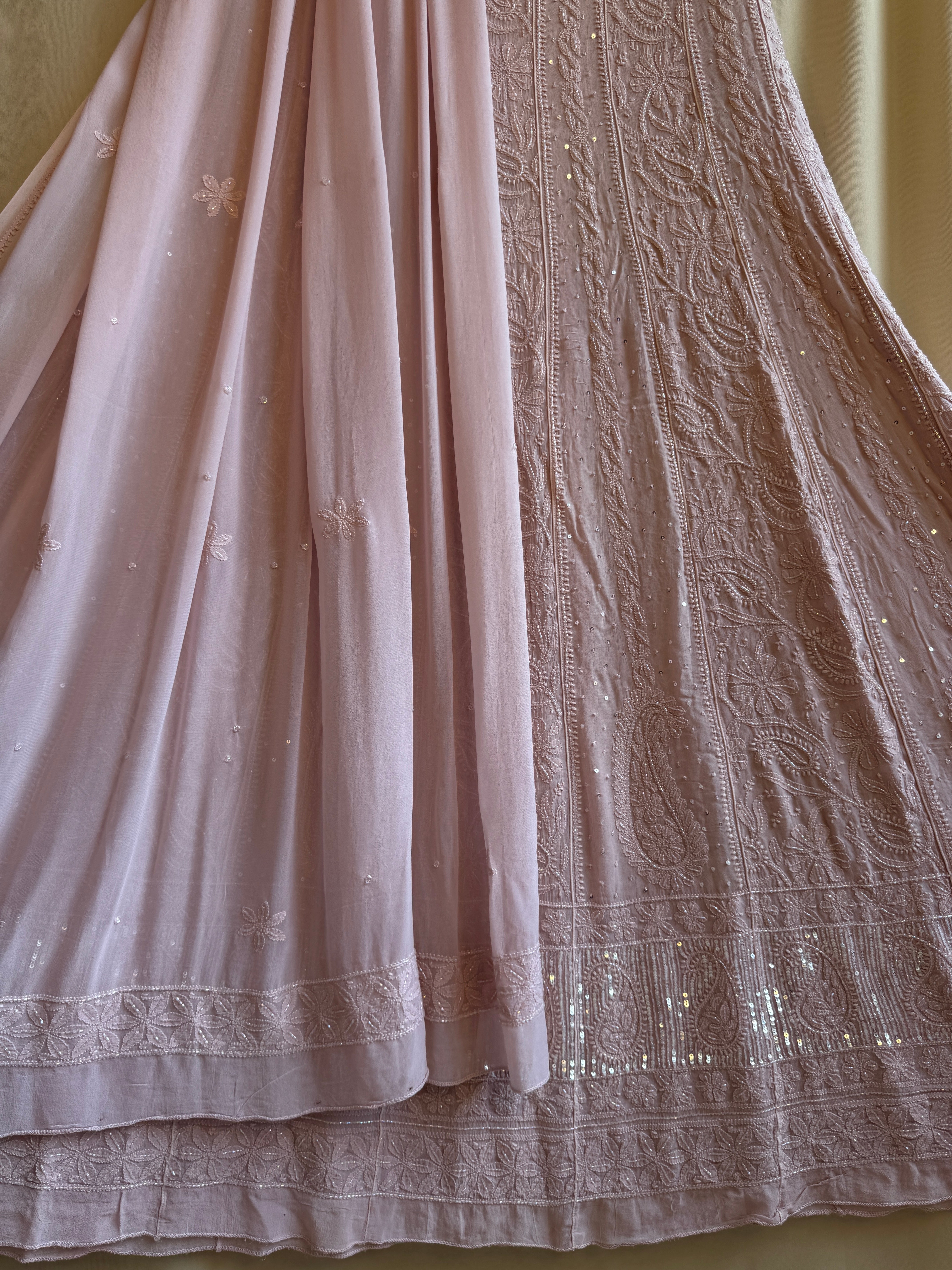 Viscose Anarkali - Semi Stitched - Pearl Work - Rose Pink