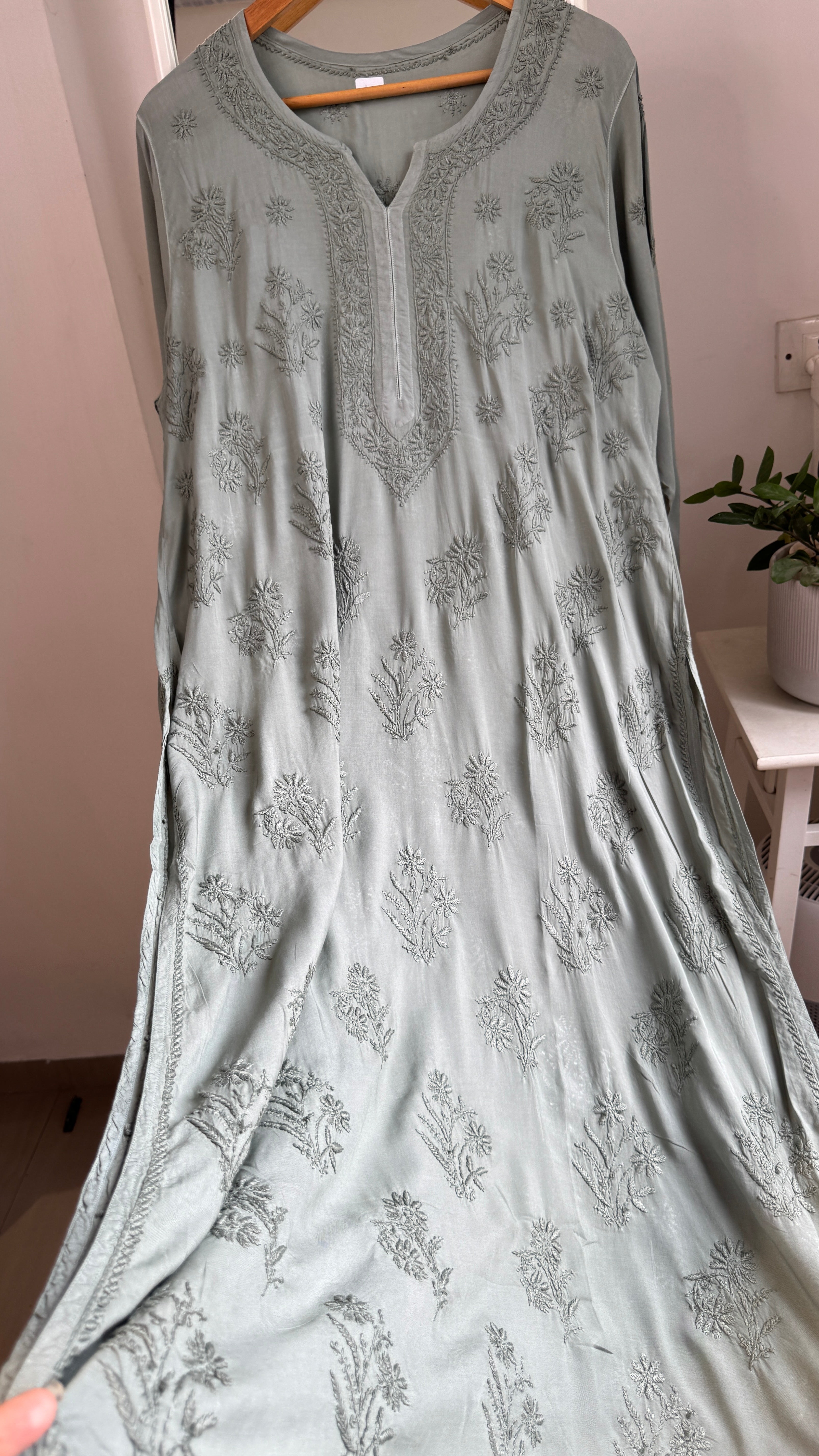 Premium Modal Chikankari Cotton Kurti - Deep Sage Green - Noor Collection