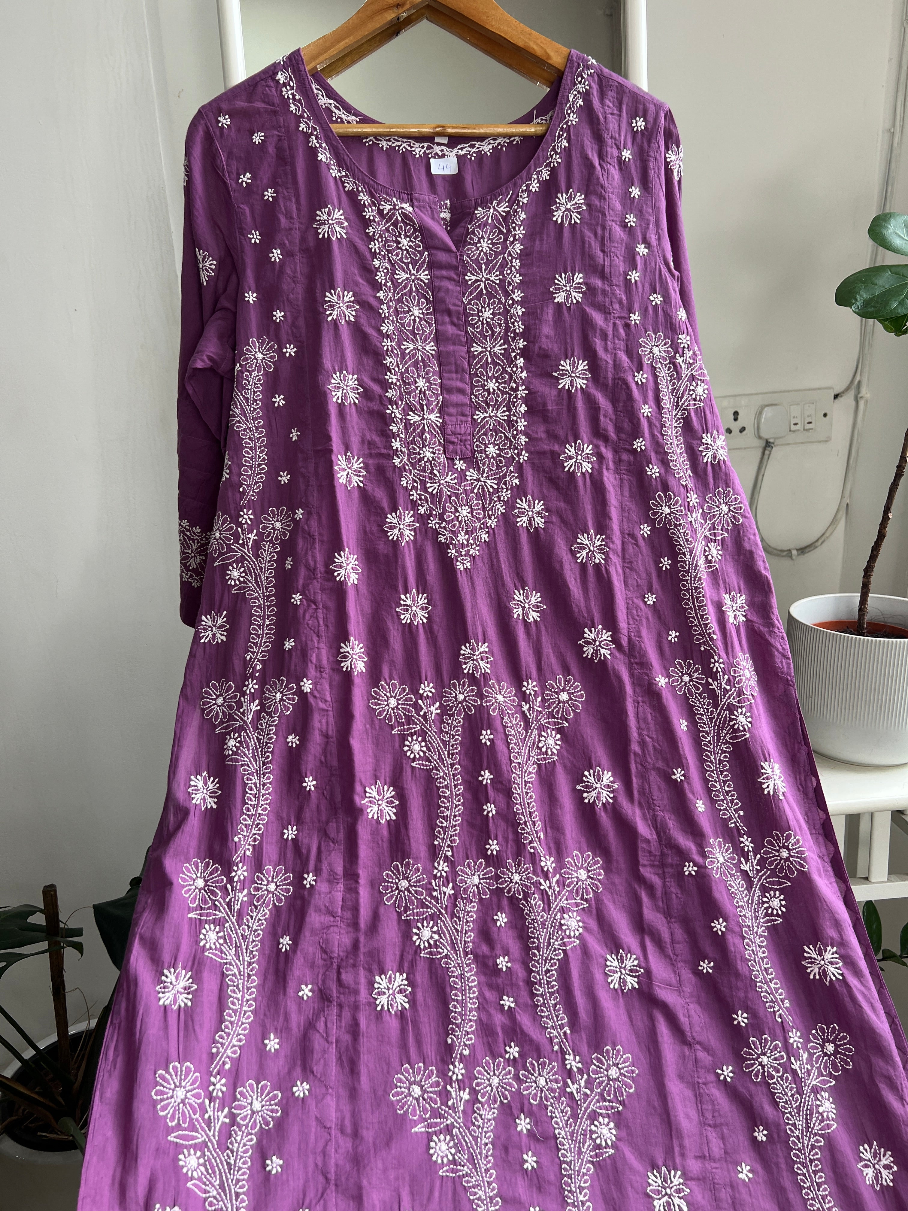 Mul Cotton Chikankari Kurti - Purple ARIAA CHIKANKARI 