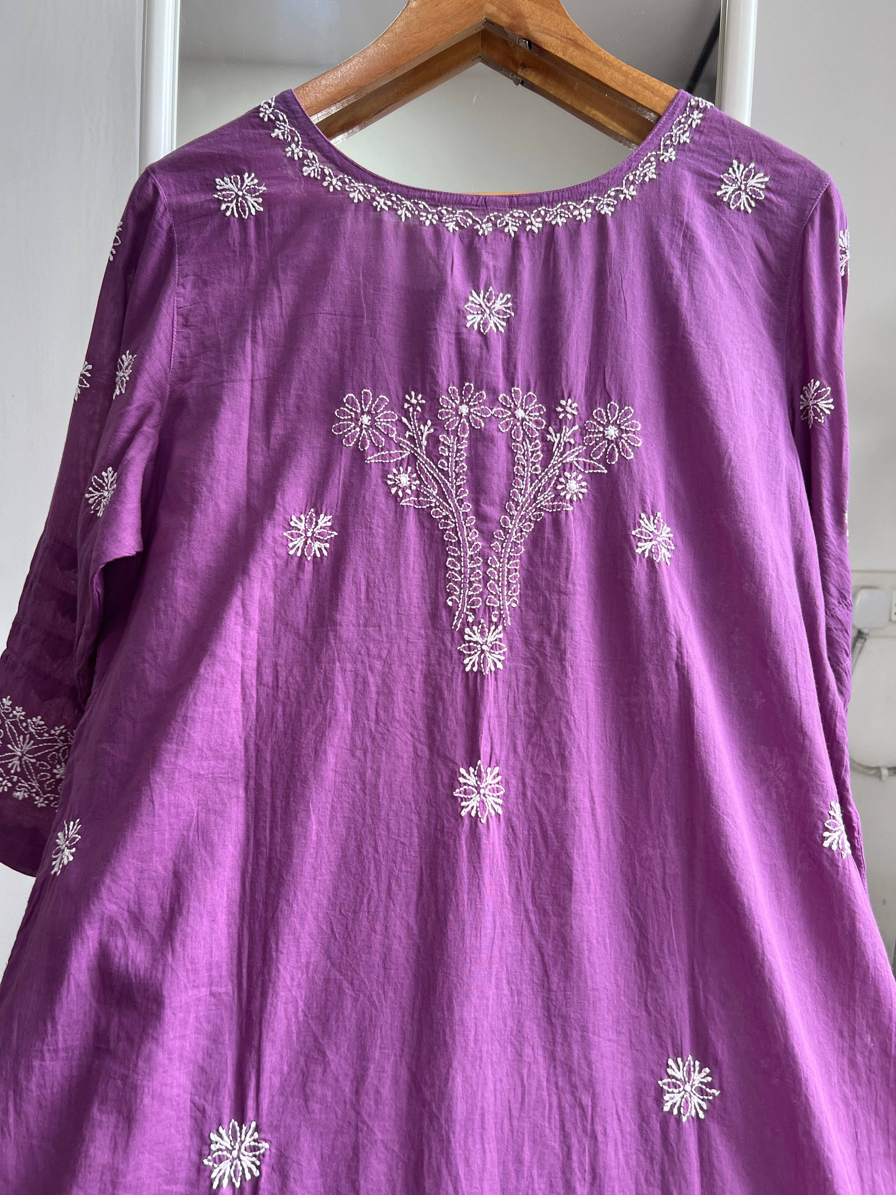 Mul Cotton Chikankari Kurti - Purple ARIAA CHIKANKARI 