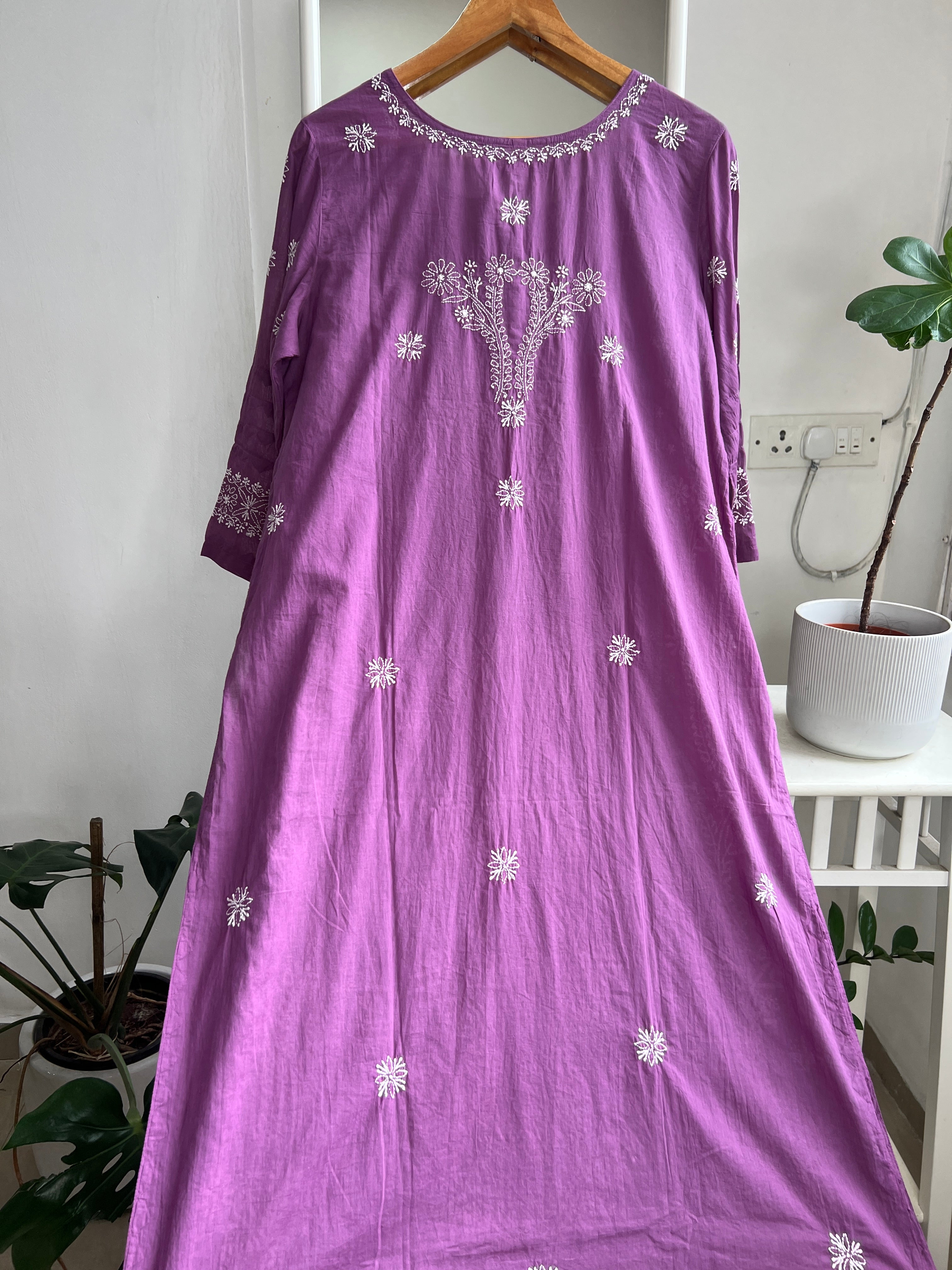 Mul Cotton Chikankari Kurti - Purple ARIAA CHIKANKARI 
