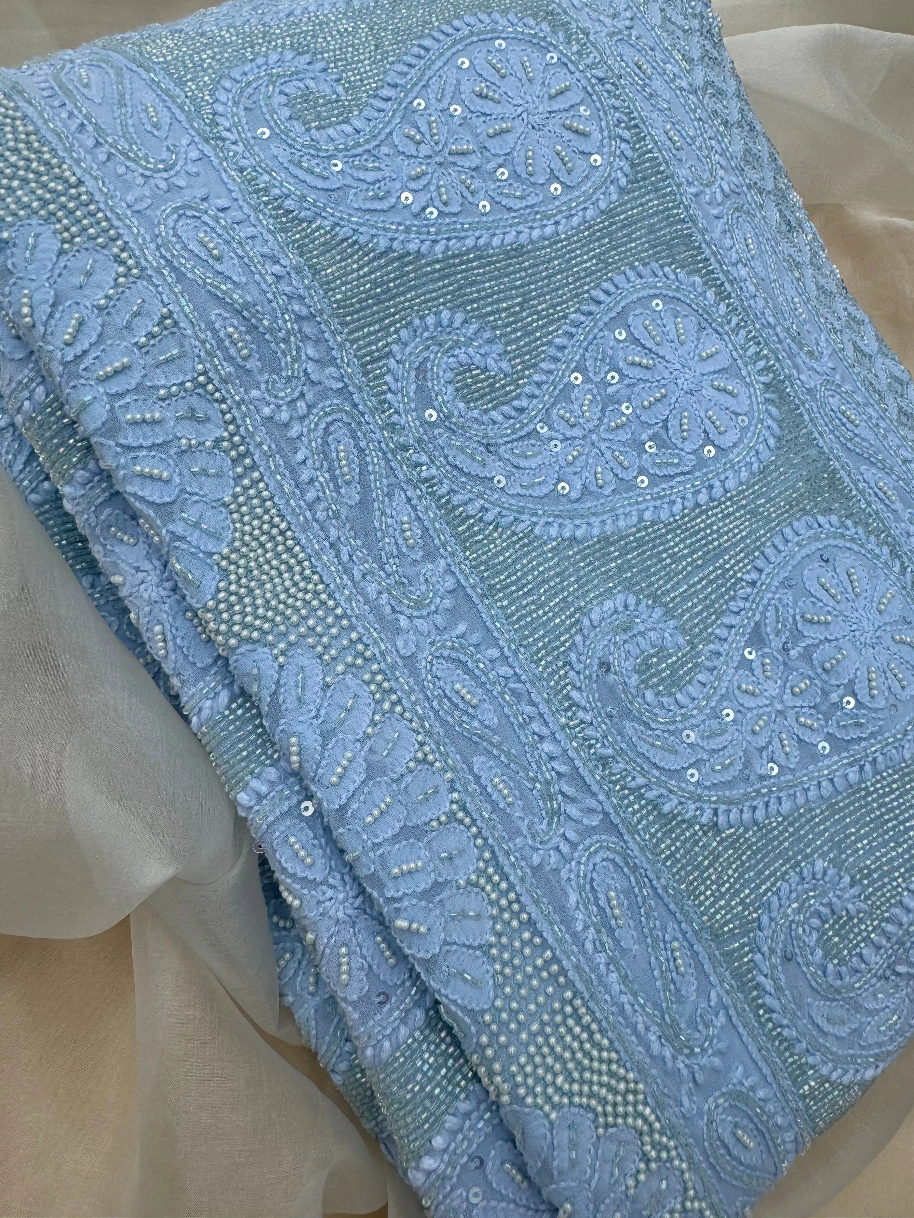 Viscose Blue Chikankari saree with Pearl embellishments ARIAA CHIKANKARI 