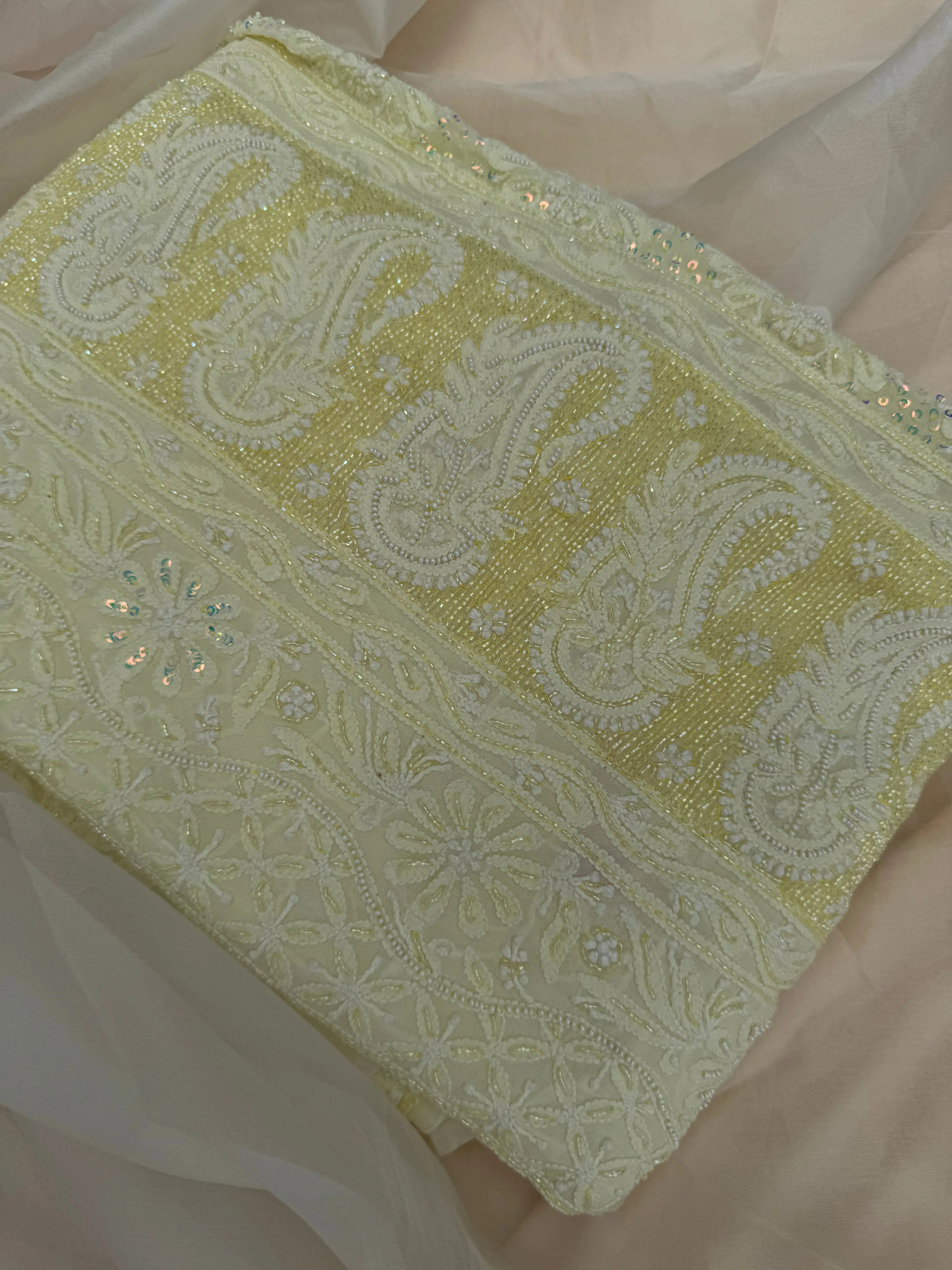 Viscose Yellow Chikankari saree with Pearl embellishments ARIAA CHIKANKARI 