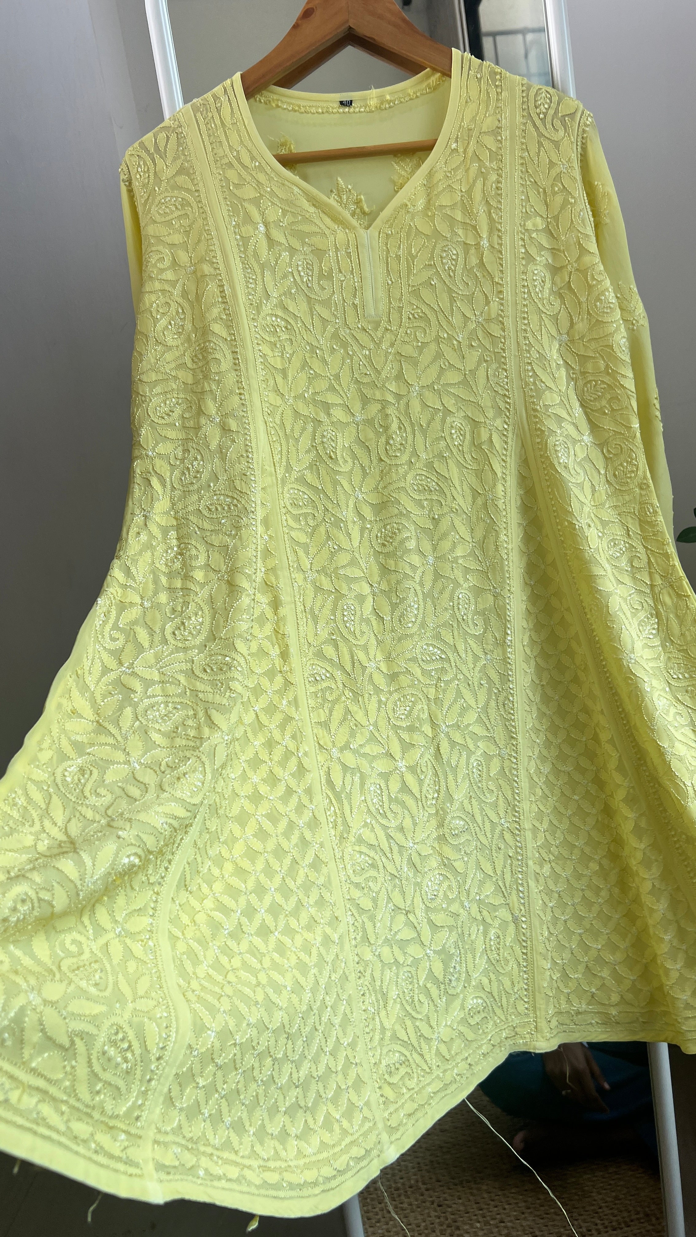 Viscose Chikankari Short Anarkali - Lemon Yellow  - Sahar Collection