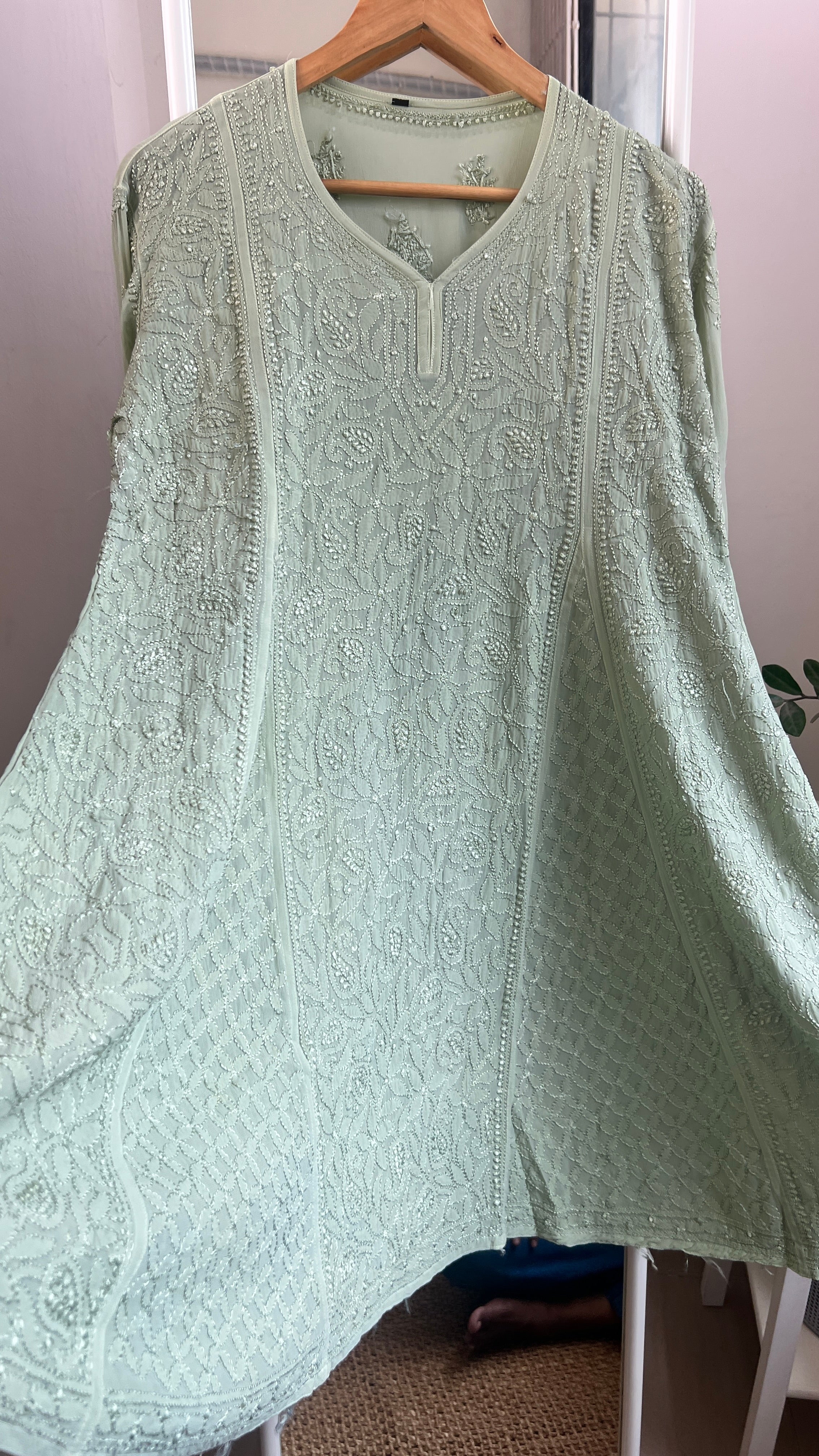 Viscose Chikankari Short Anarkali - Green  - Sahar Collection