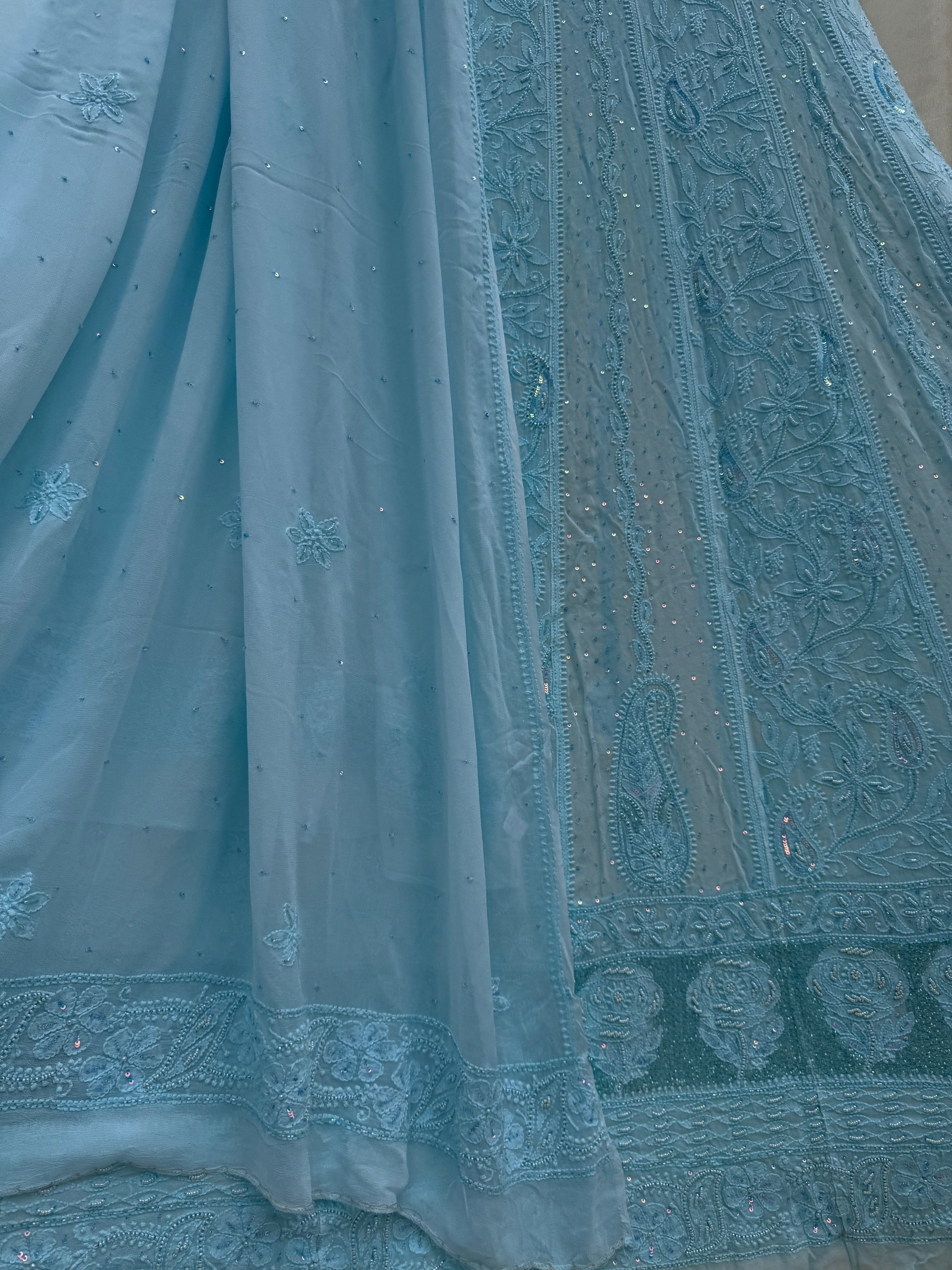 Viscose Anarkali - Semi Stitched - Pearl Work - Blue