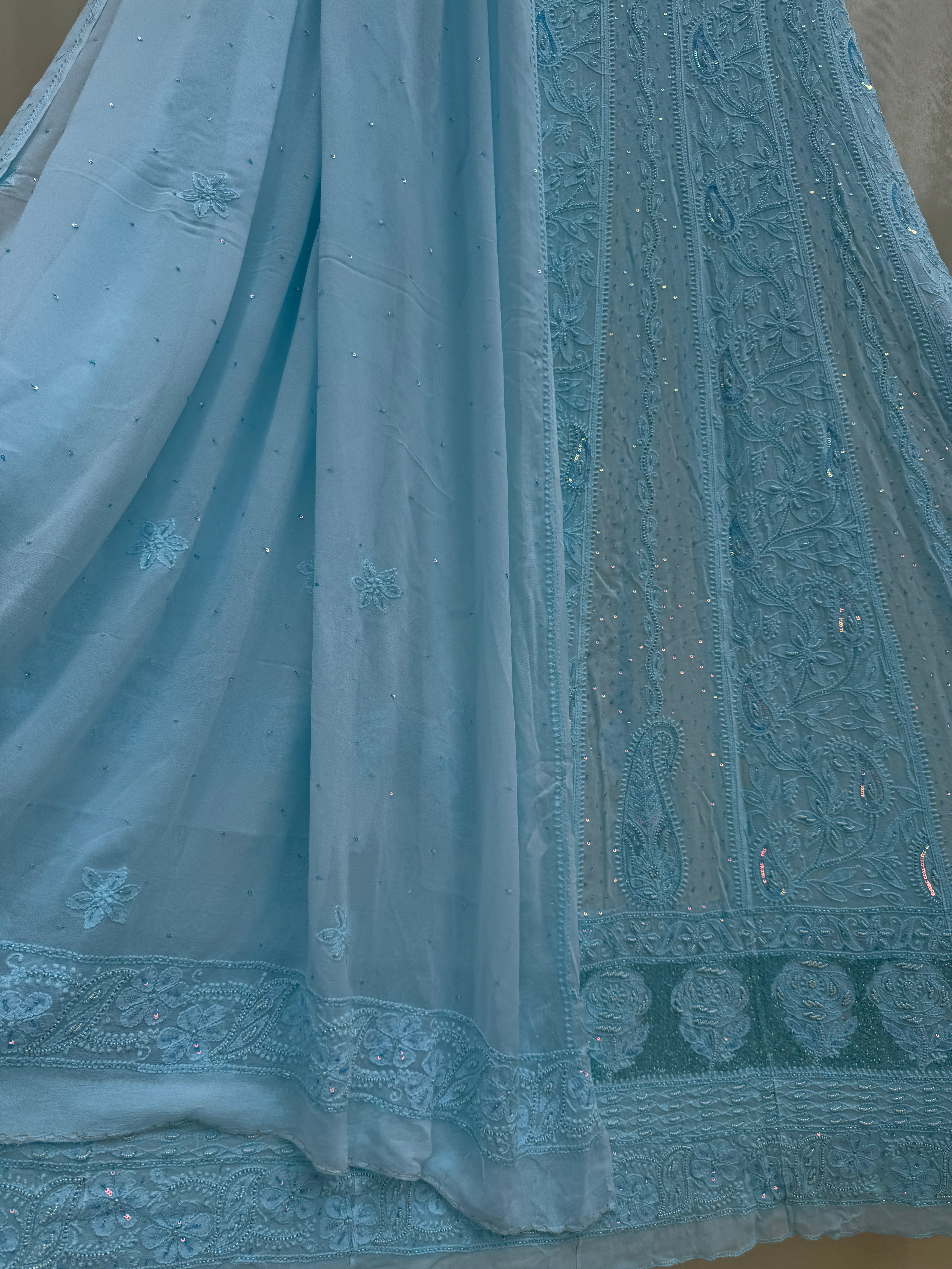 Viscose Anarkali - Semi Stitched - Pearl Work - Blue