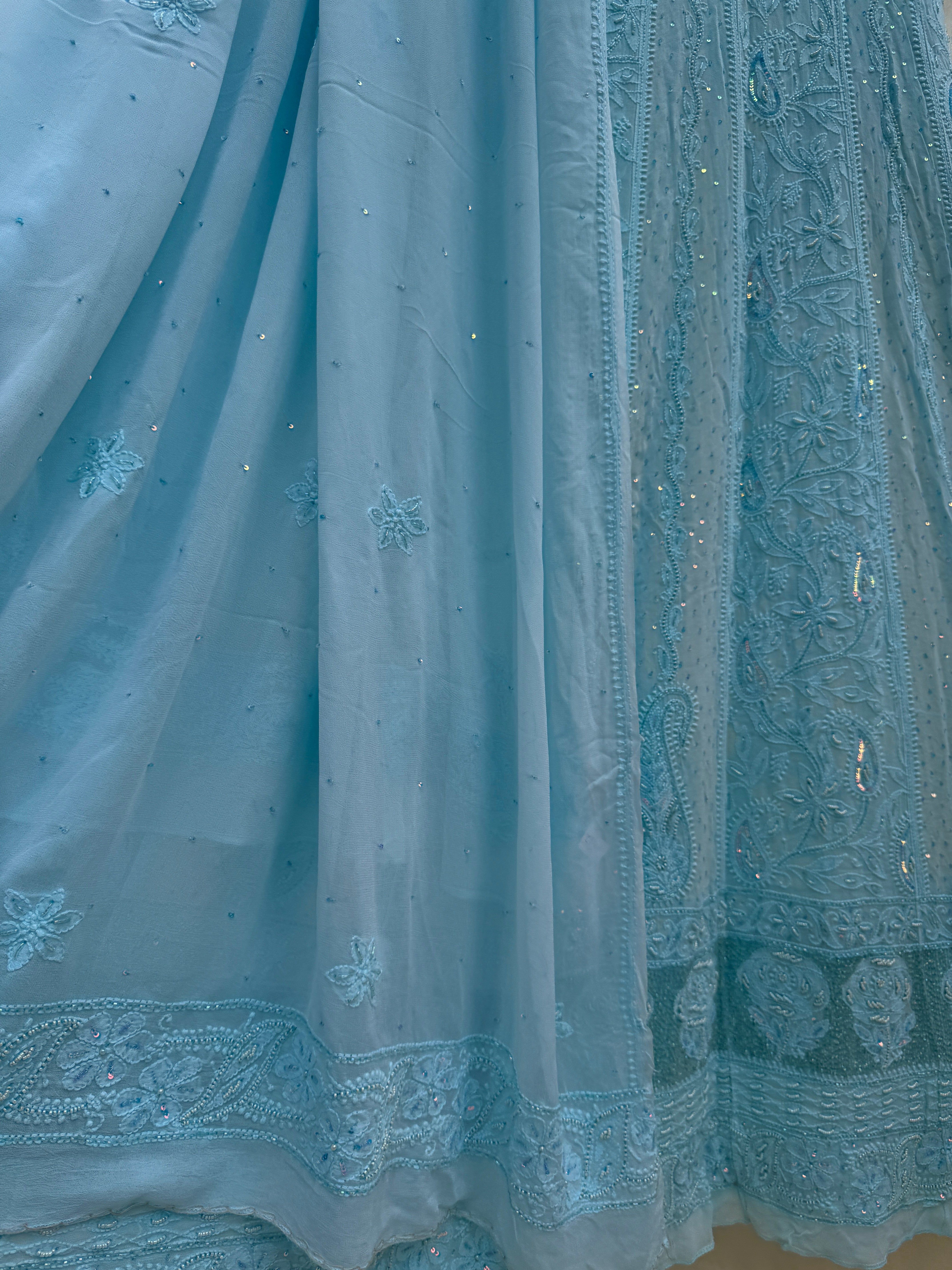 Viscose Anarkali - Semi Stitched - Pearl Work - Blue