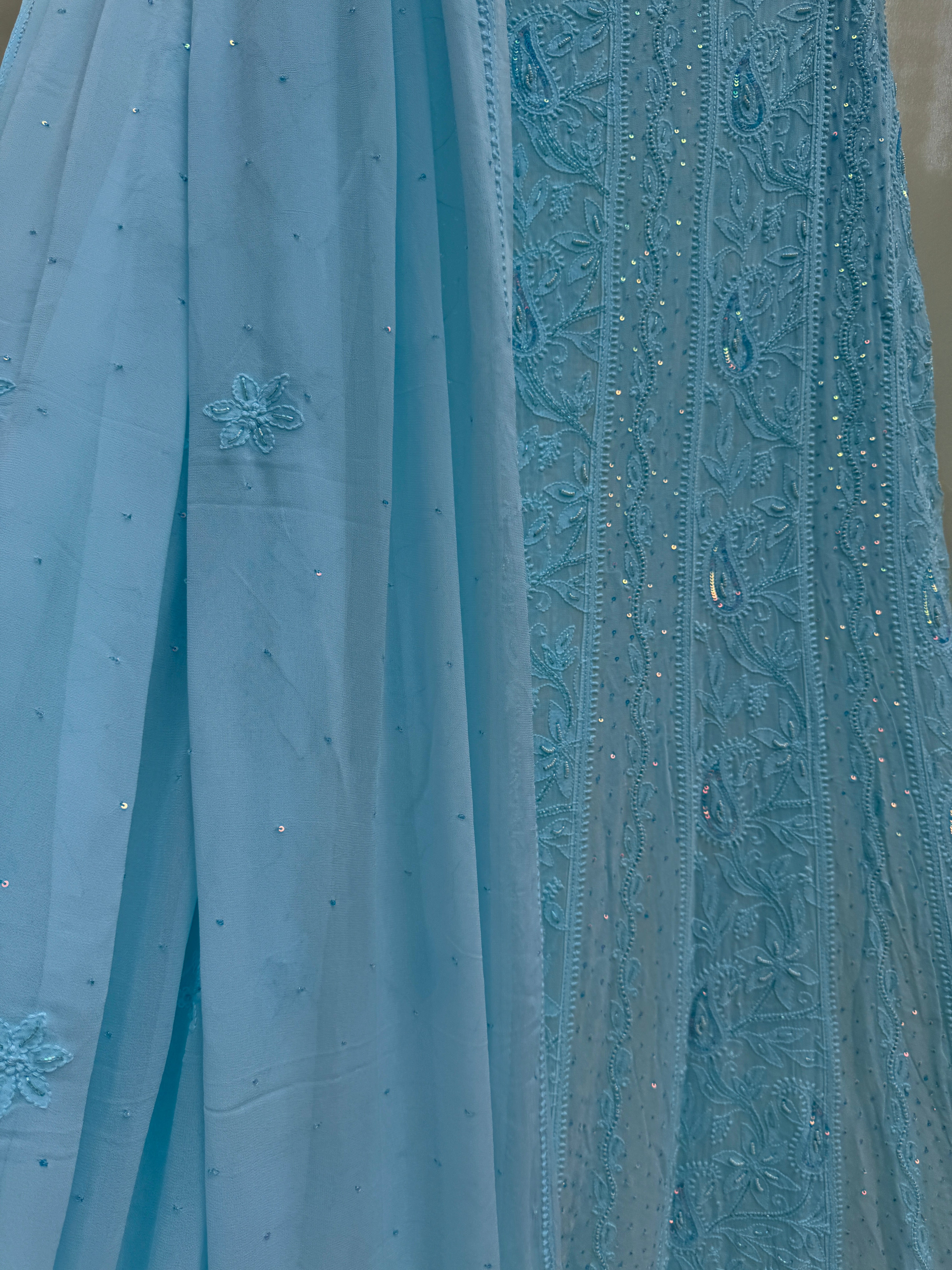 Viscose Anarkali - Semi Stitched - Pearl Work - Blue