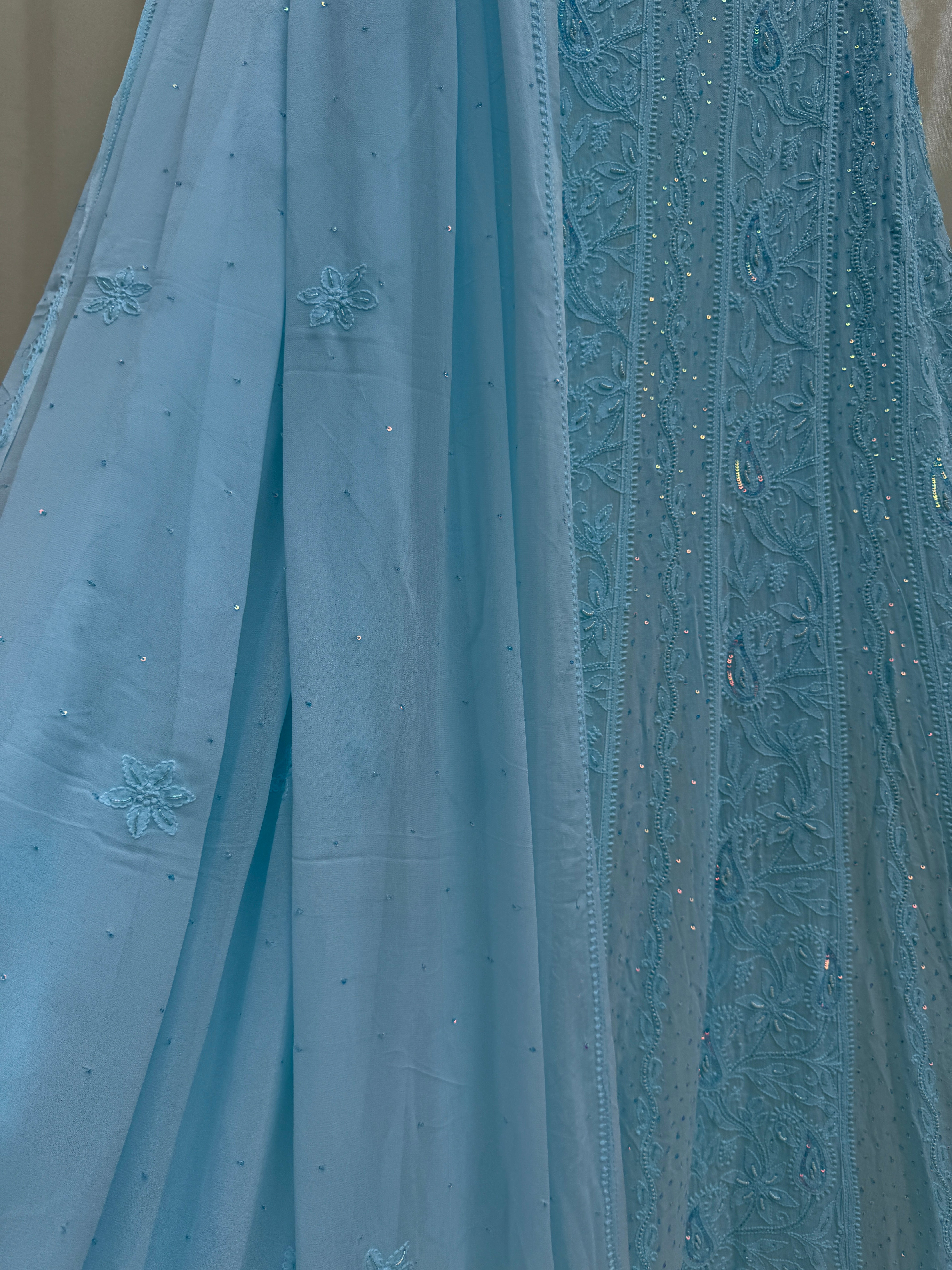 Viscose Anarkali - Semi Stitched - Pearl Work - Blue