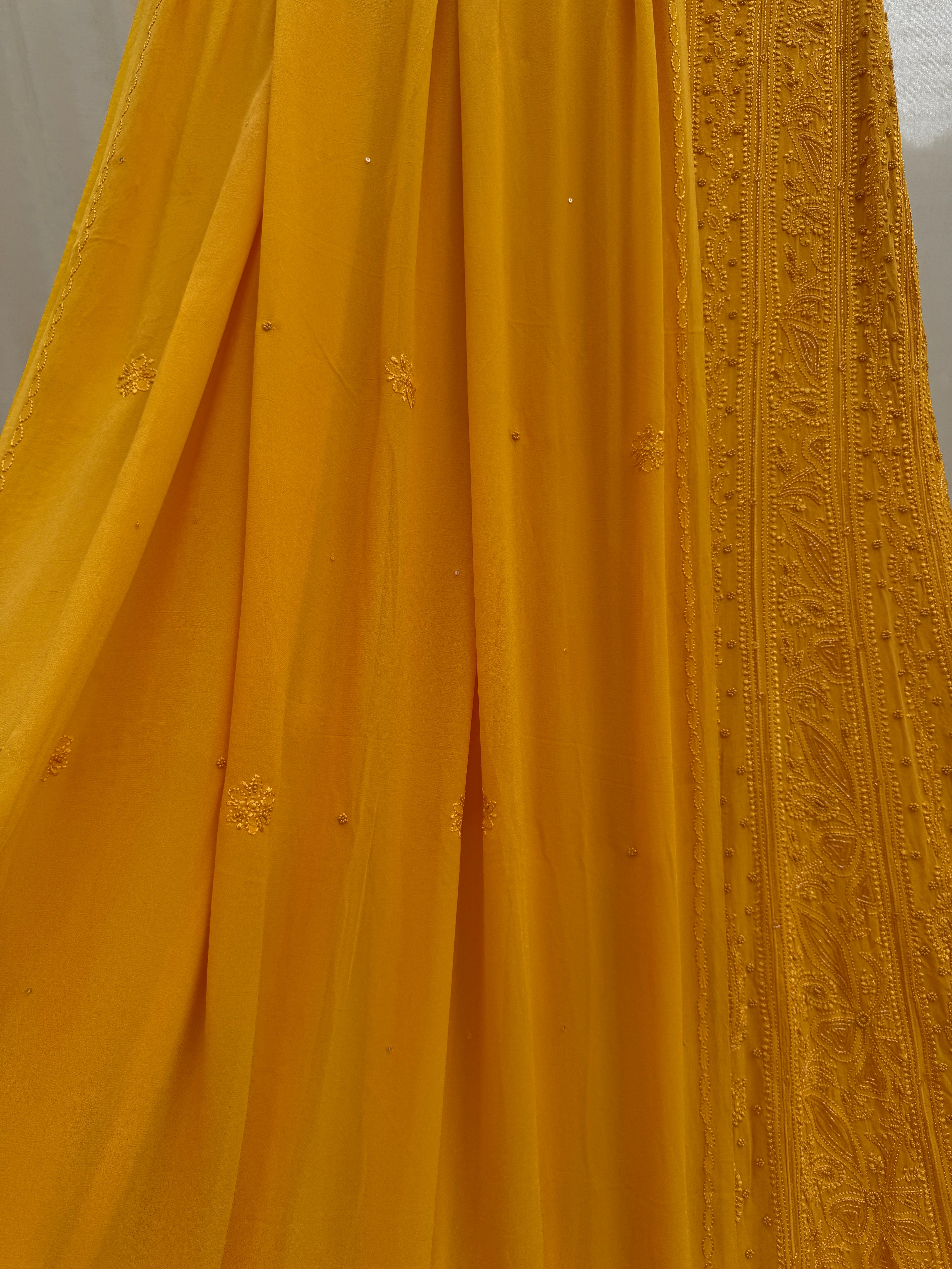 Viscose Anarkali - Semi Stitched - Pearl Work - Yellow