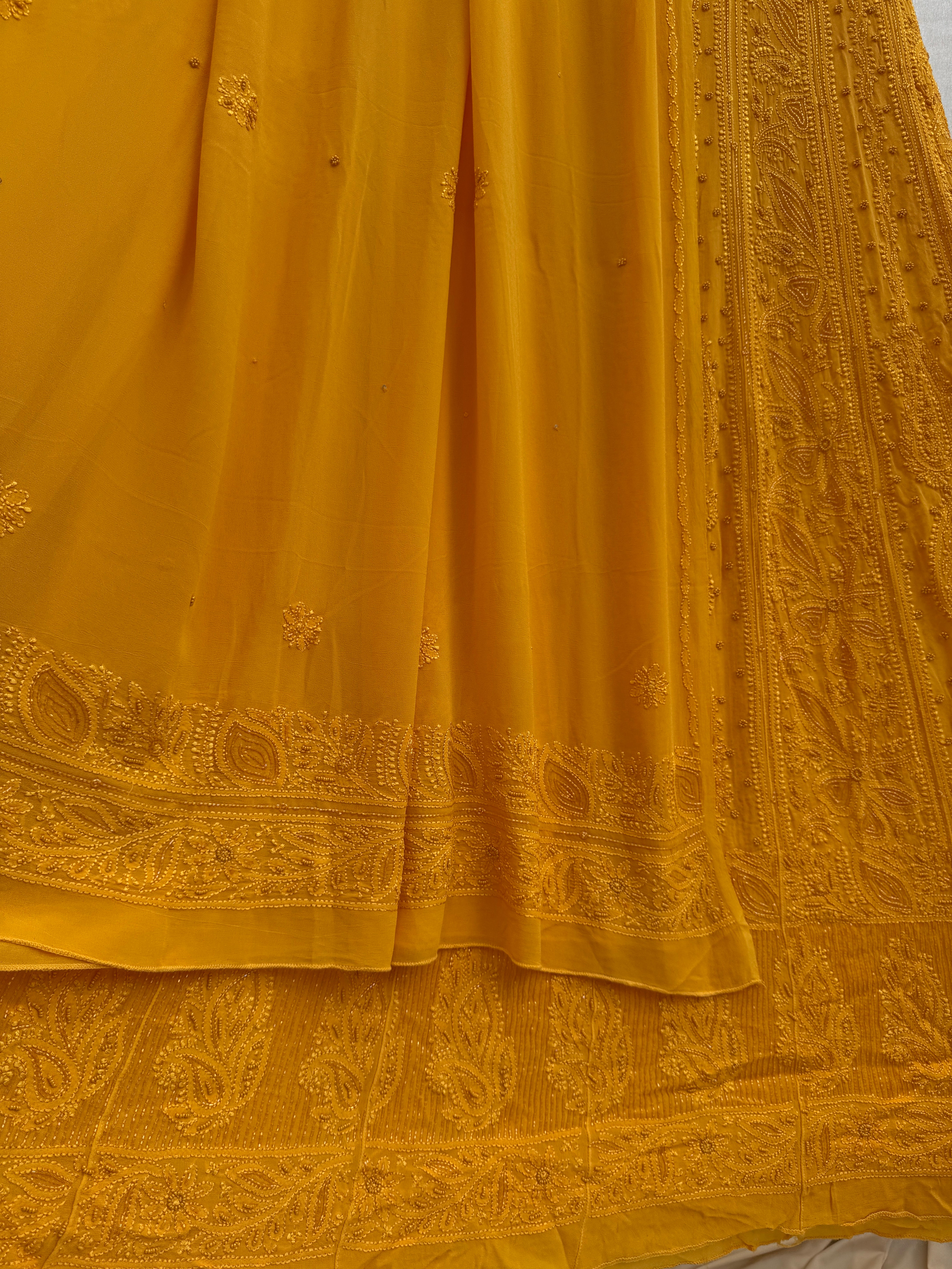 Viscose Anarkali - Semi Stitched - Pearl Work - Yellow