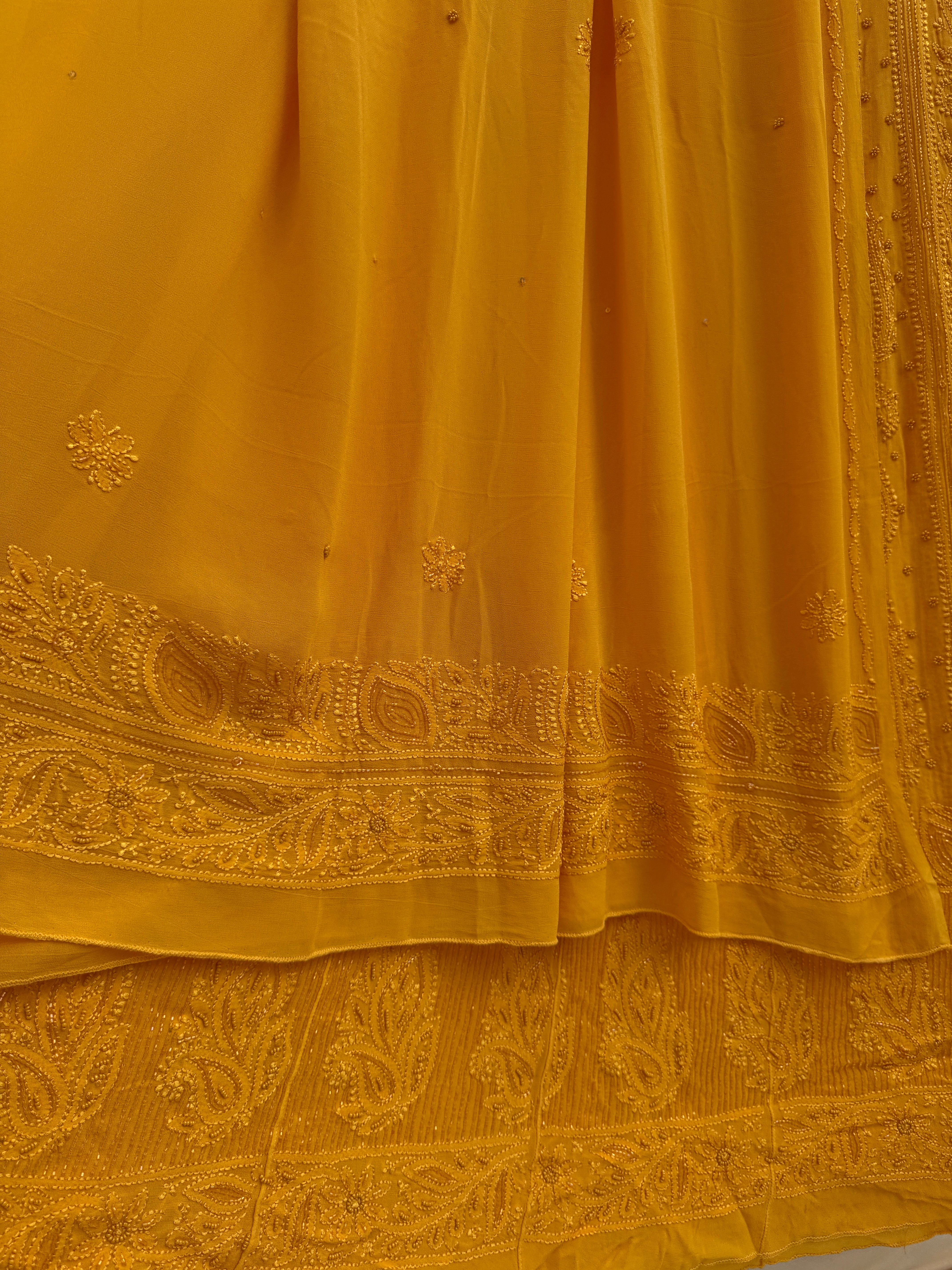 Viscose Anarkali - Semi Stitched - Pearl Work - Yellow