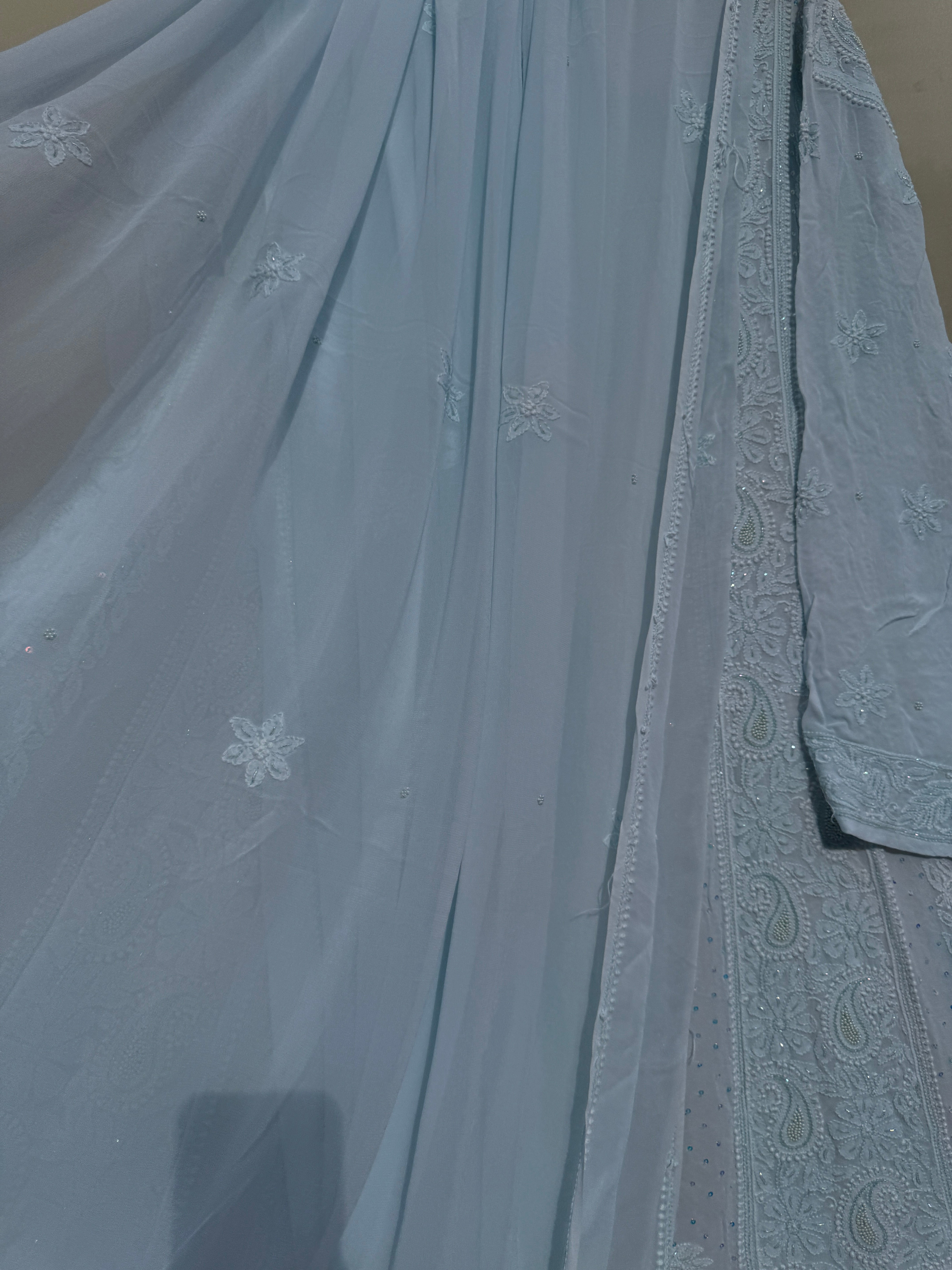 Viscose Anarkali - Semi Stitched - Pearl Work -Light Blue ARIAA CHIKANKARI 