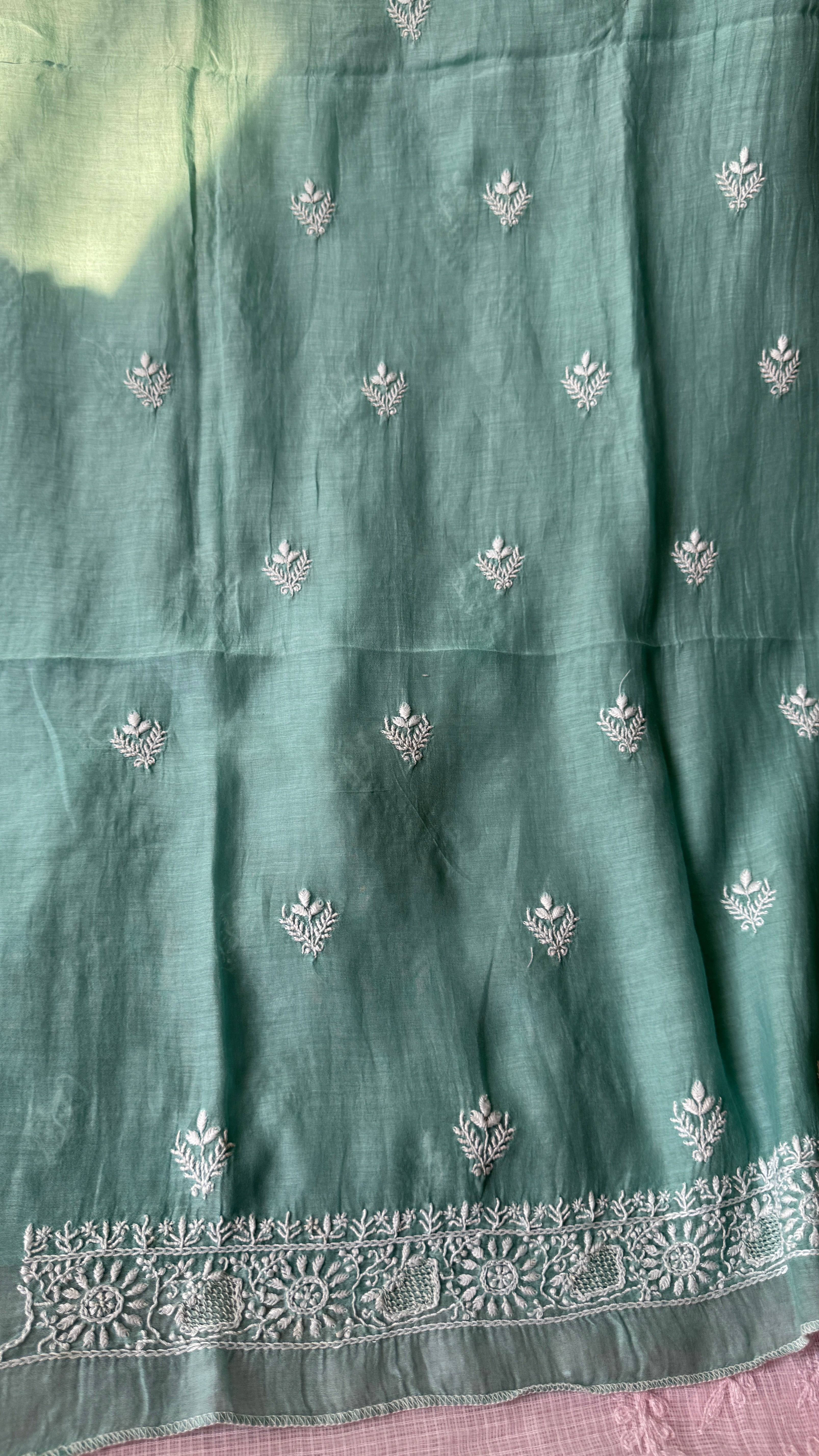 Mul Chanderi Chikankari Kurta Length - Mens- Tiffany Green