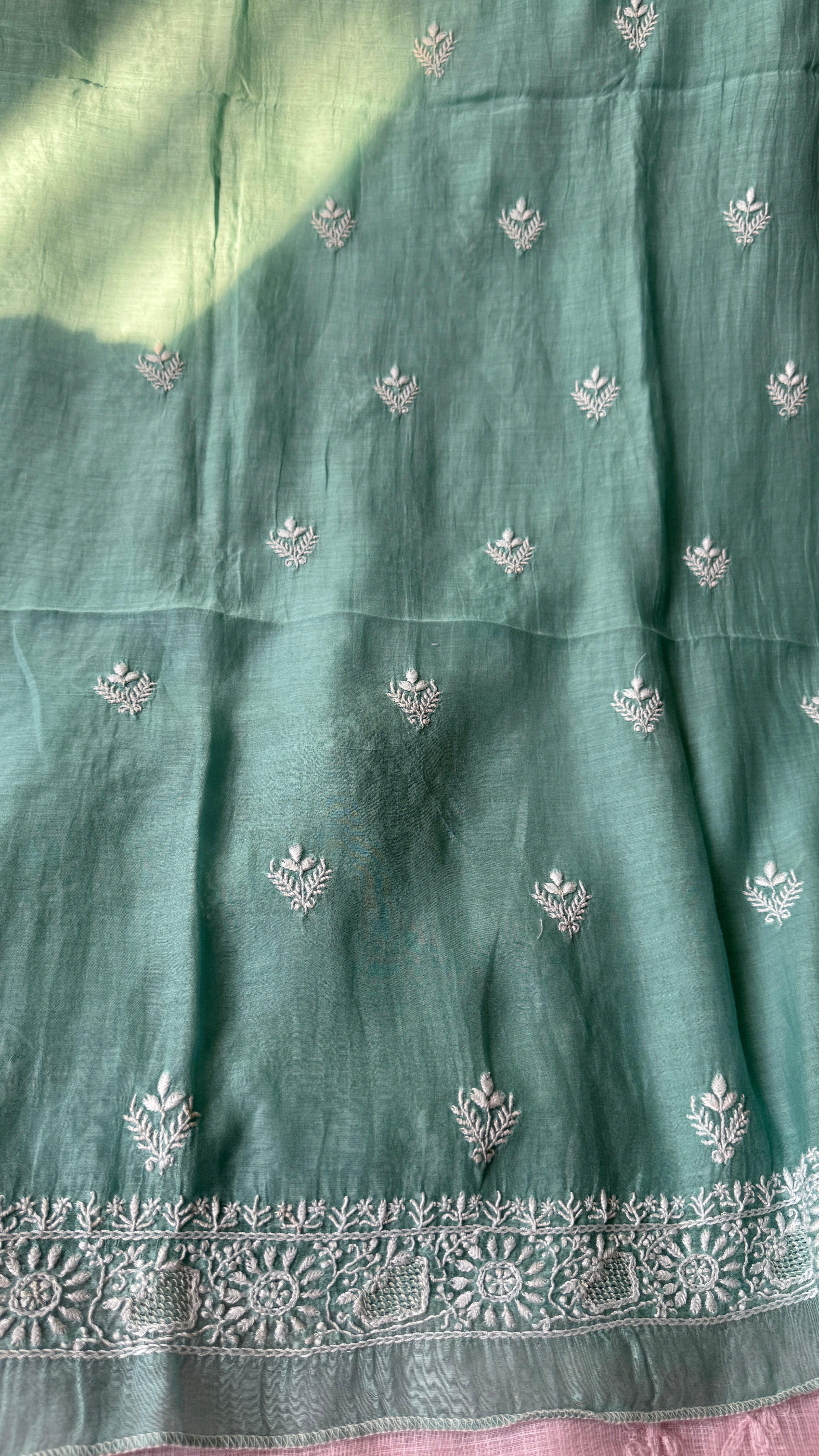 Mul Chanderi Chikankari Kurta Length - Mens- Tiffany Green