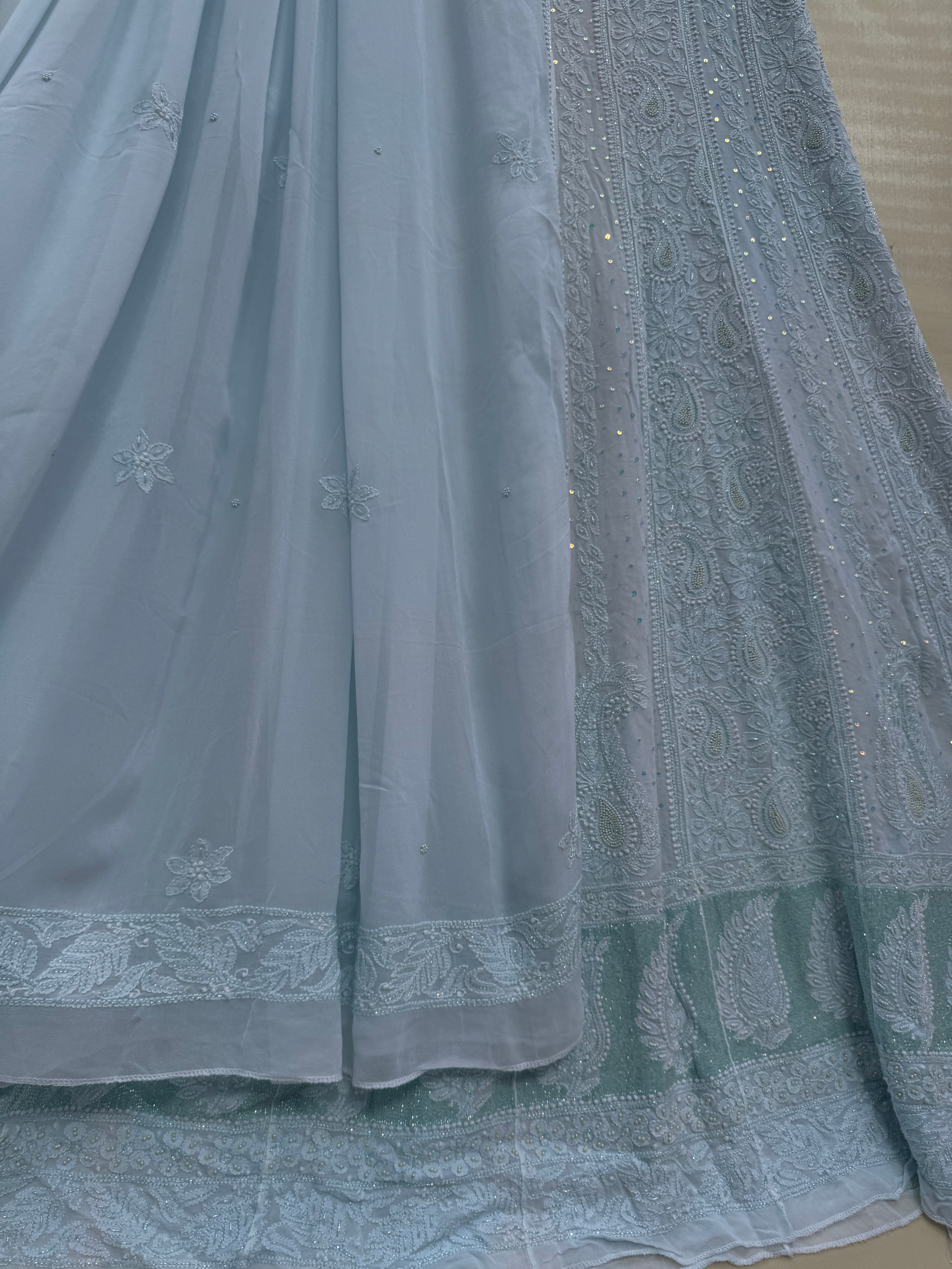 Viscose Anarkali - Semi Stitched - Pearl Work -Light Blue ARIAA CHIKANKARI 