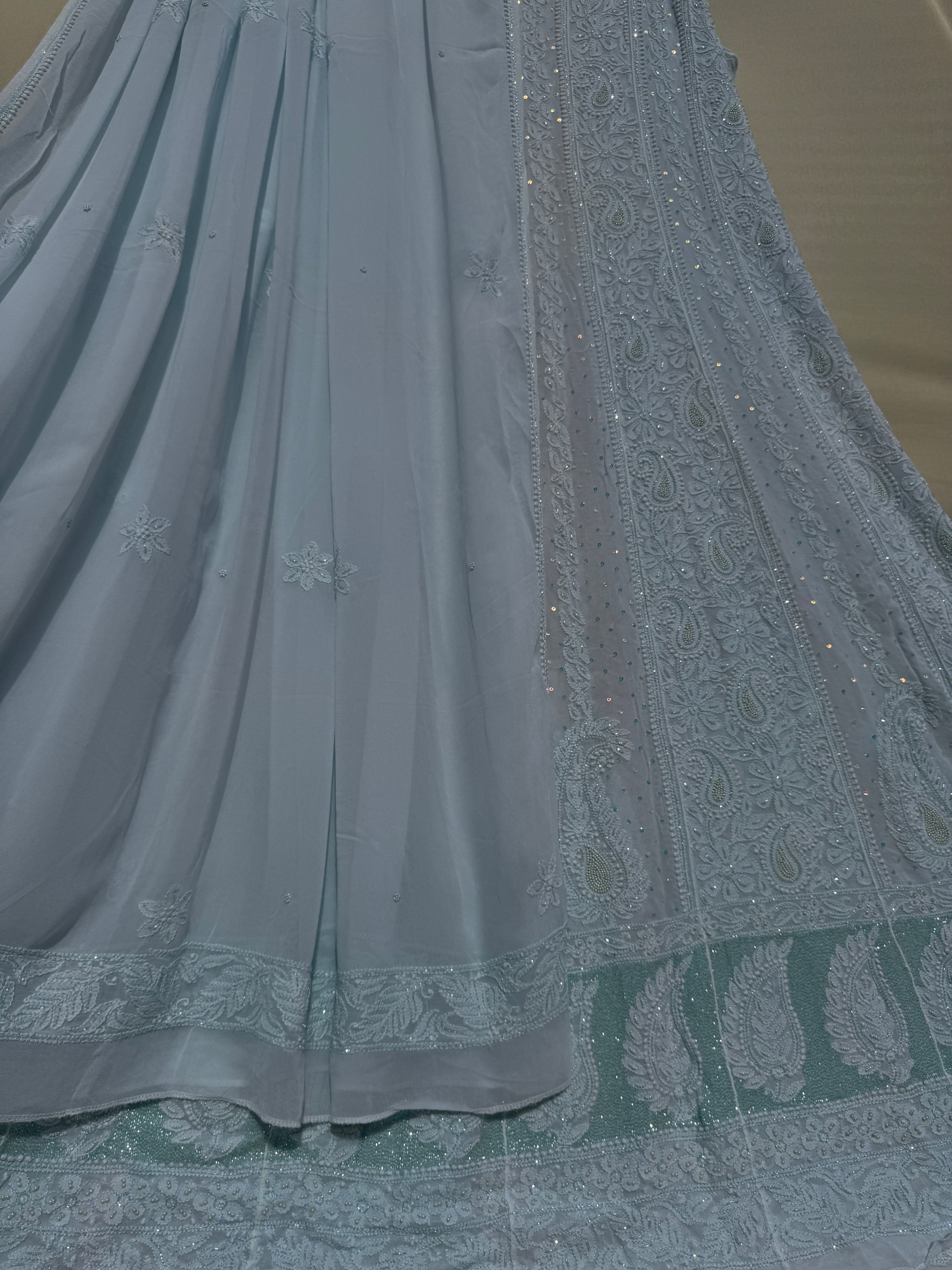 Viscose Anarkali - Semi Stitched - Pearl Work -Light Blue