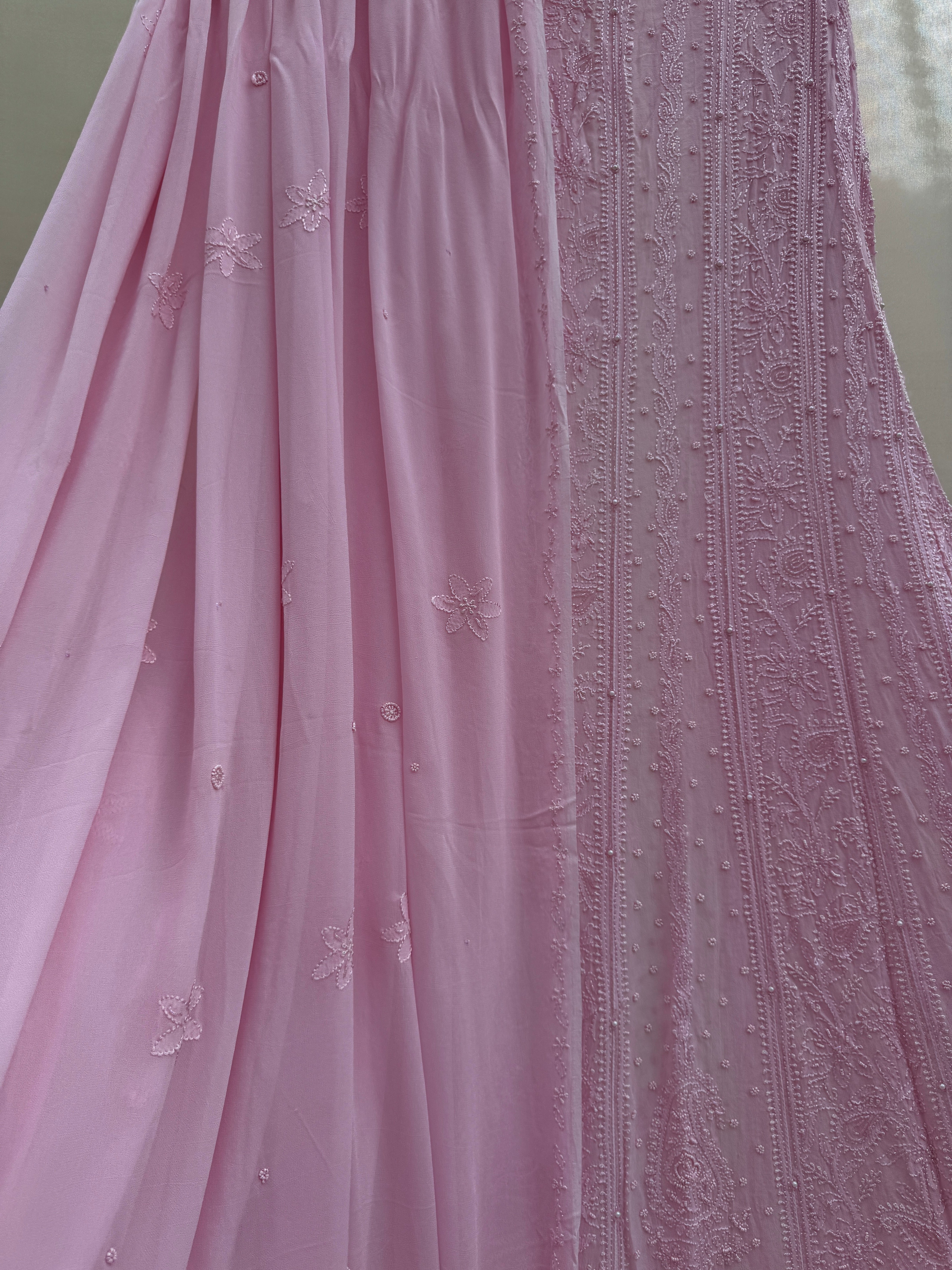 Viscose Anarkali - Semi Stitched - Pearl Work - Pink