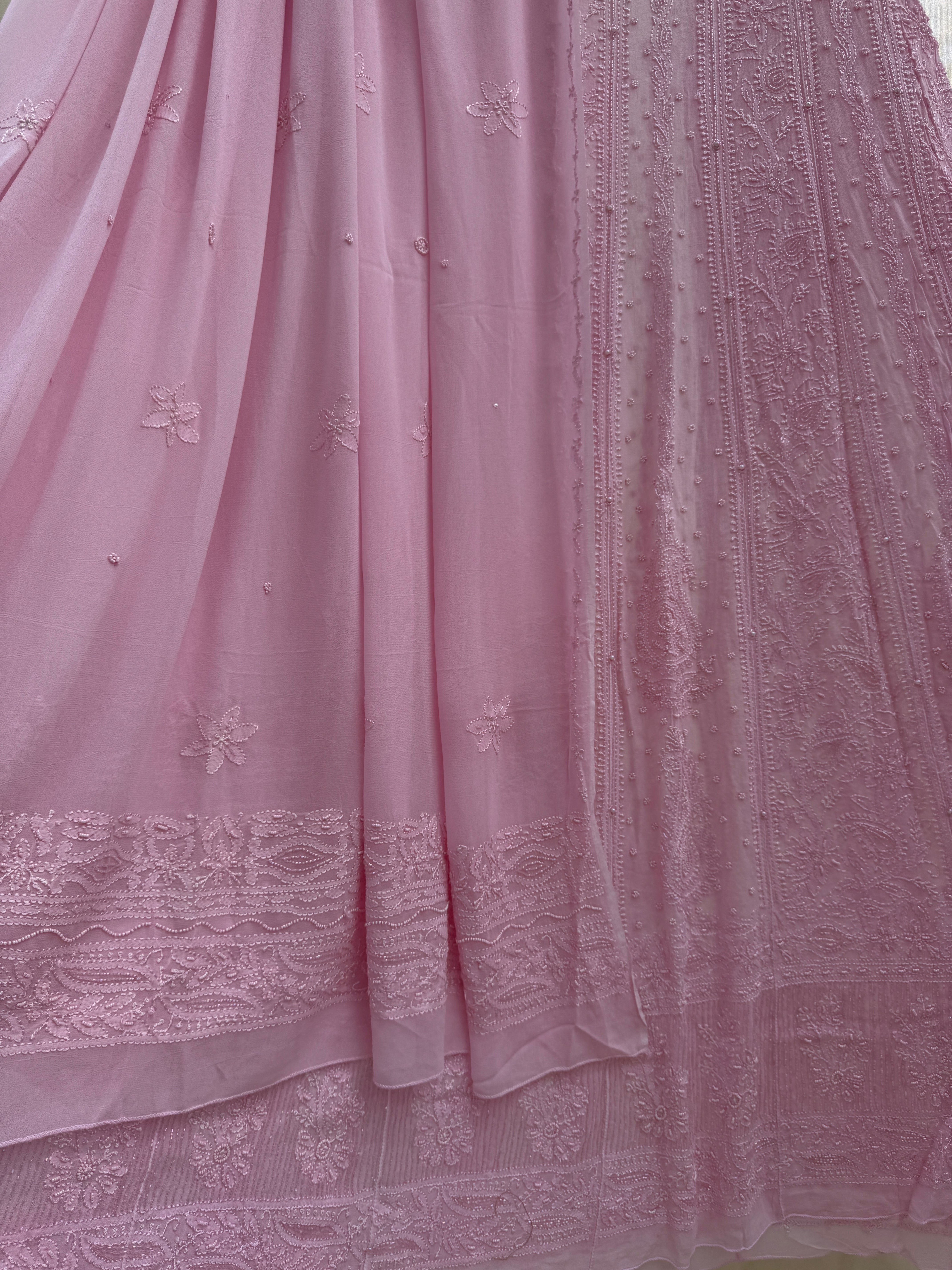 Viscose Anarkali - Semi Stitched - Pearl Work - Pink