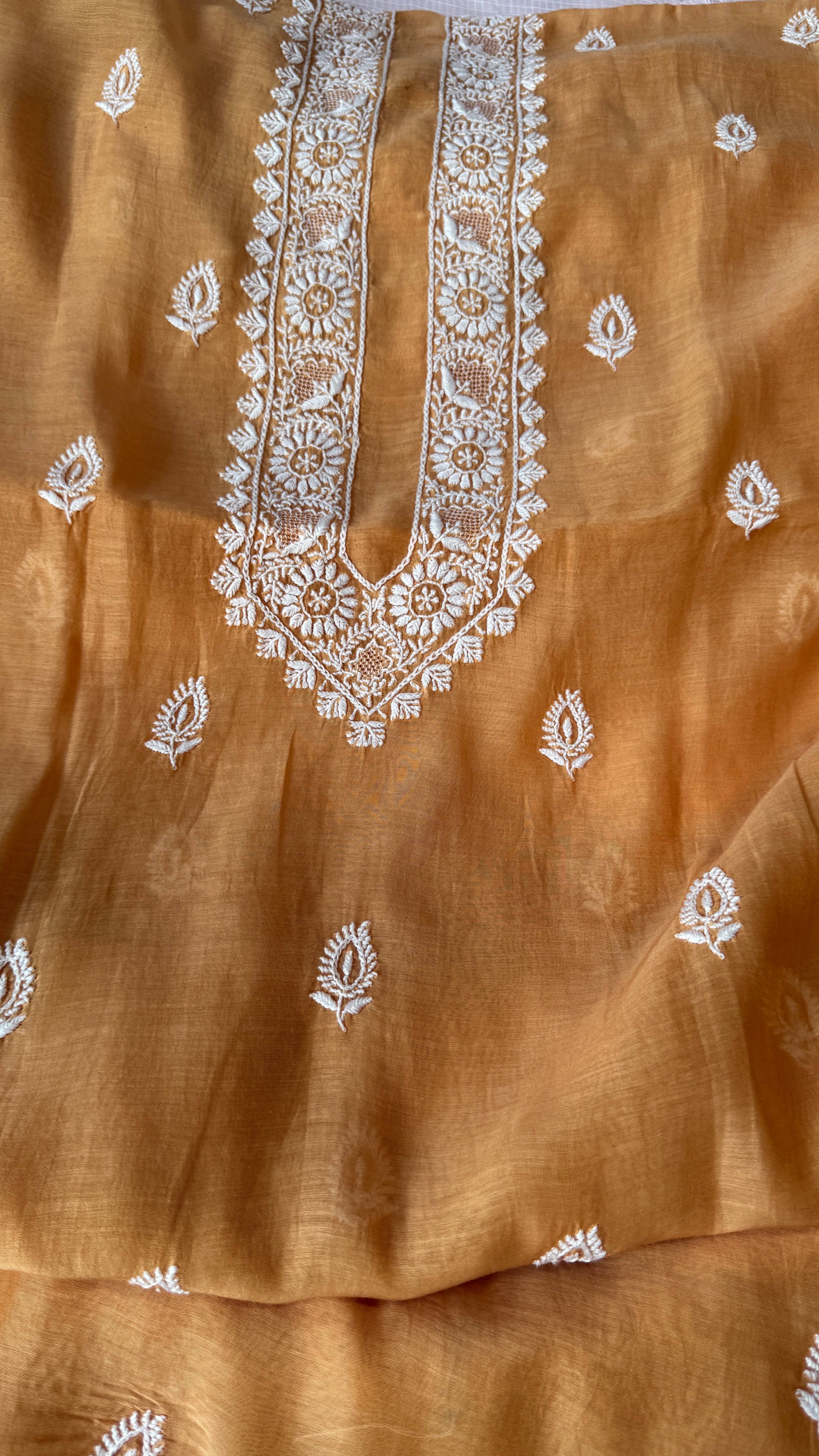 Mul Chanderi Chikankari Kurta Length - Mens- Sunset Orange