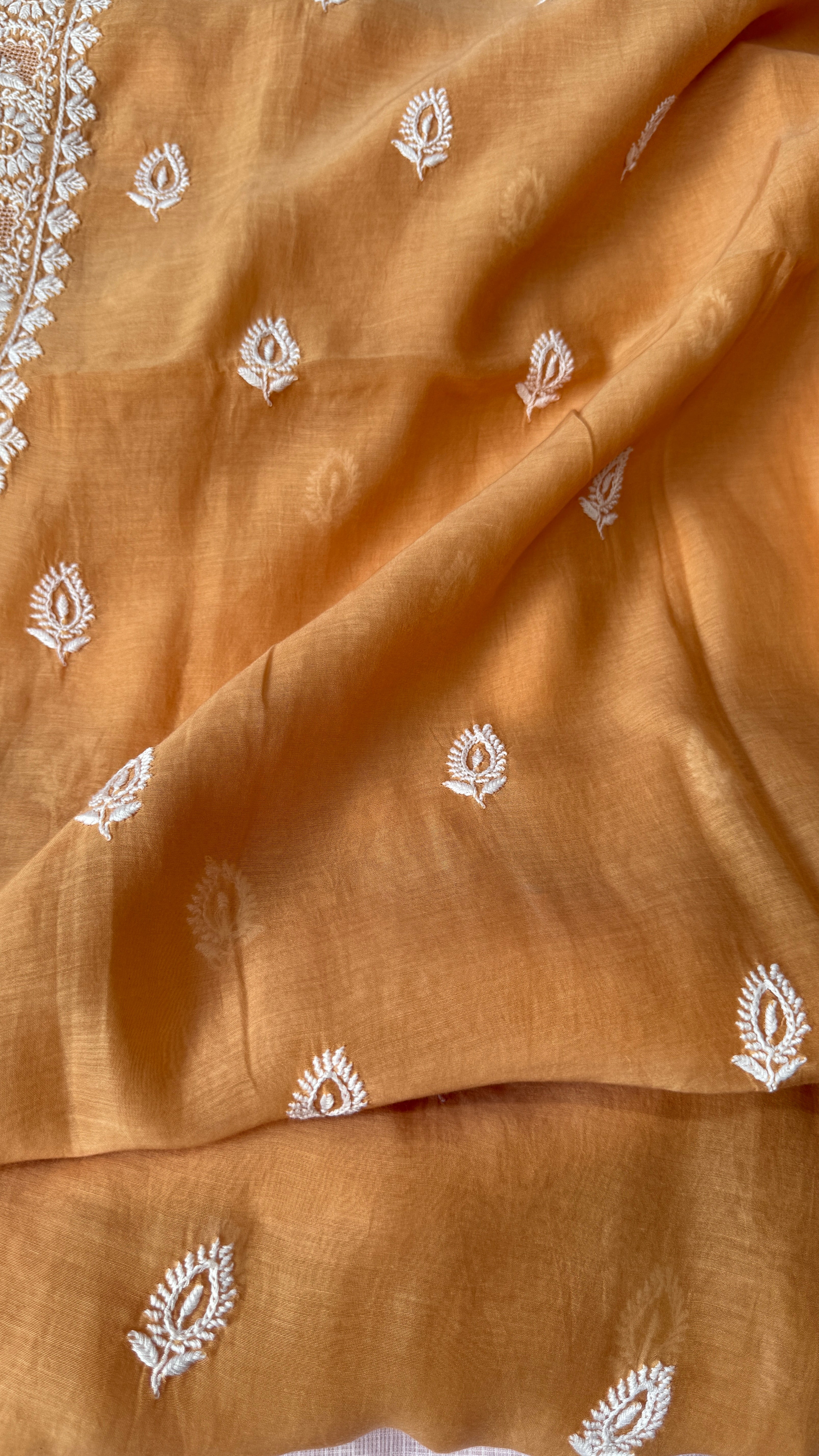 Mul Chanderi Chikankari Kurta Length - Mens- Sunset Orange