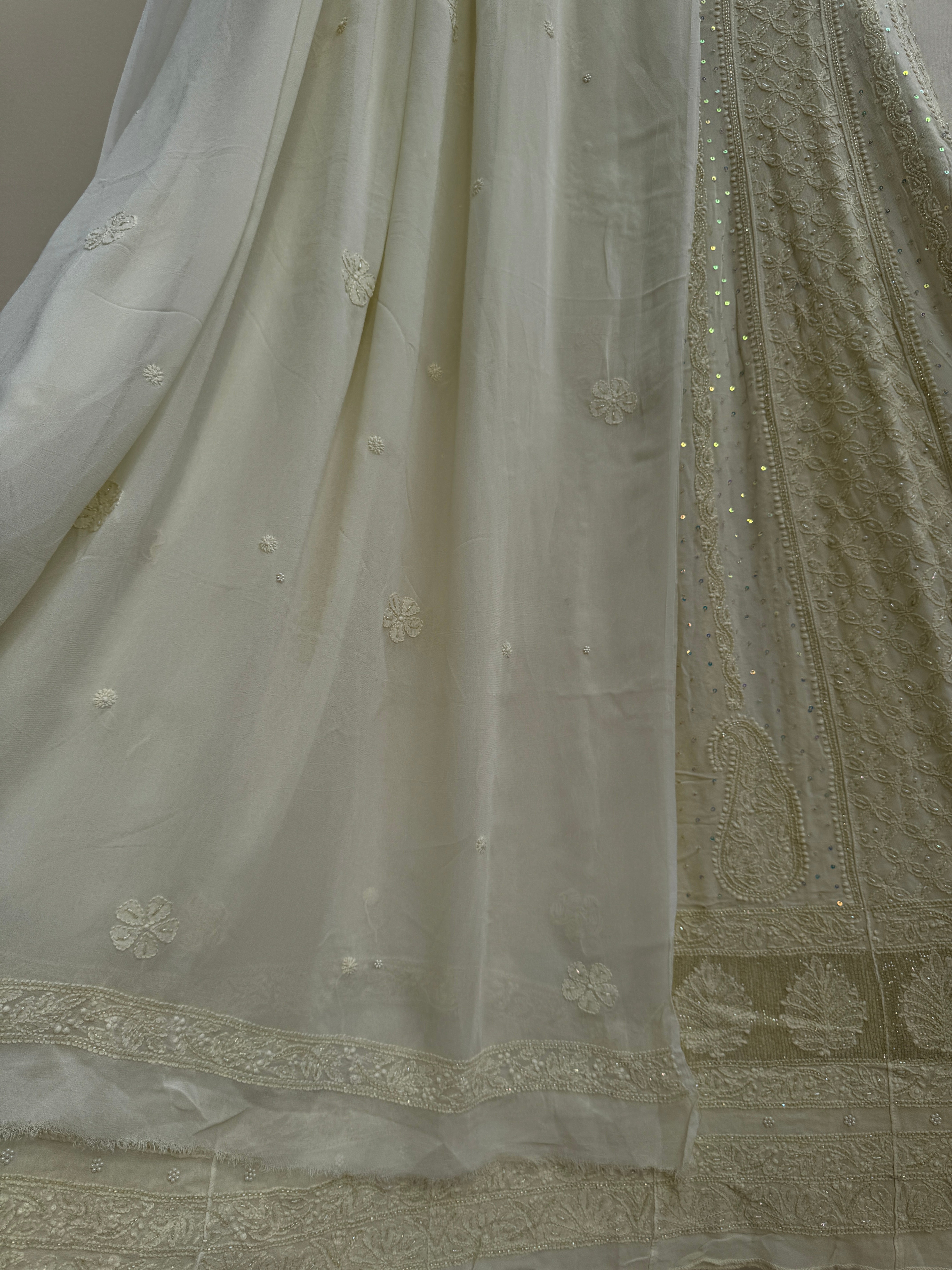 Viscose Anarkali - Semi Stitched - Pearl Work - Ivory Pistachio Green ARIAA CHIKANKARI 