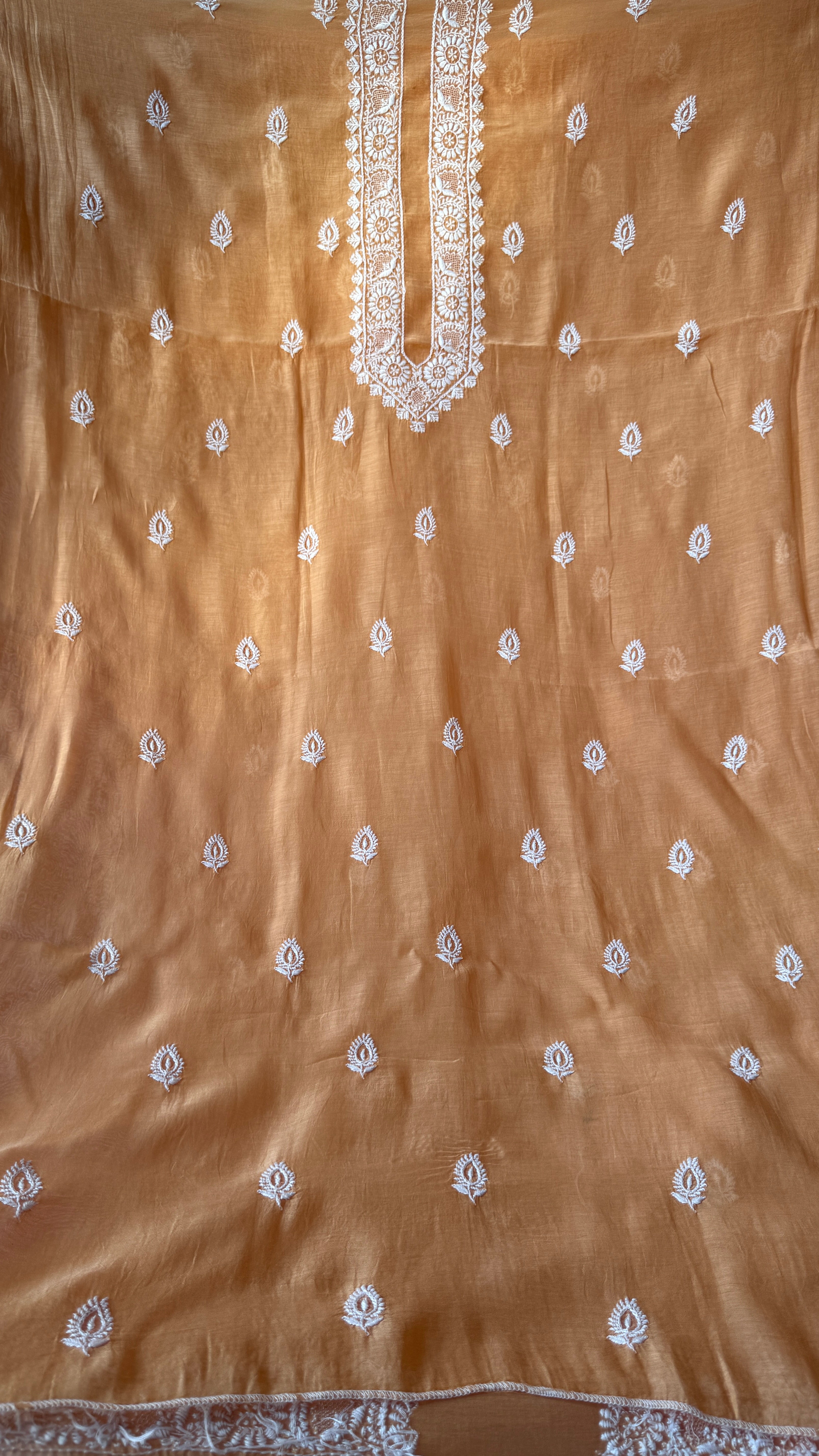 Mul Chanderi Chikankari Kurta Length - Mens- Sunset Orange