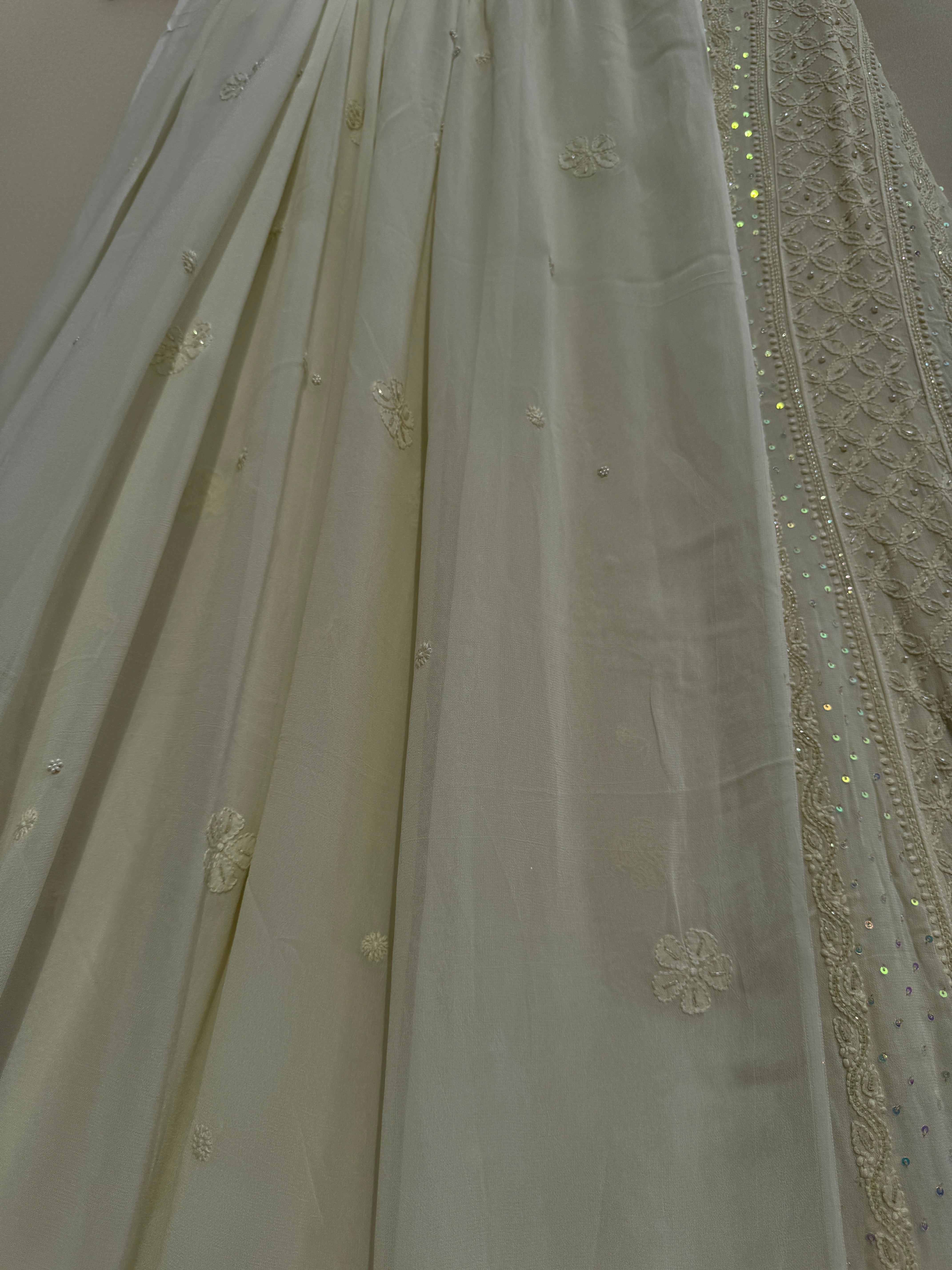 Viscose Anarkali - Semi Stitched - Pearl Work - Ivory Pistachio Green ARIAA CHIKANKARI 